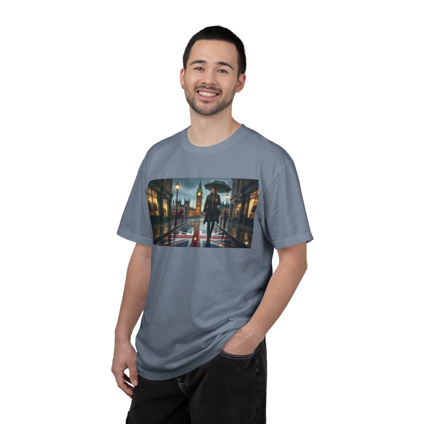 T-Shirt — Rainy London Street Scene Graphic Tee (Big Ben, Umbrella, Night Cityscape)