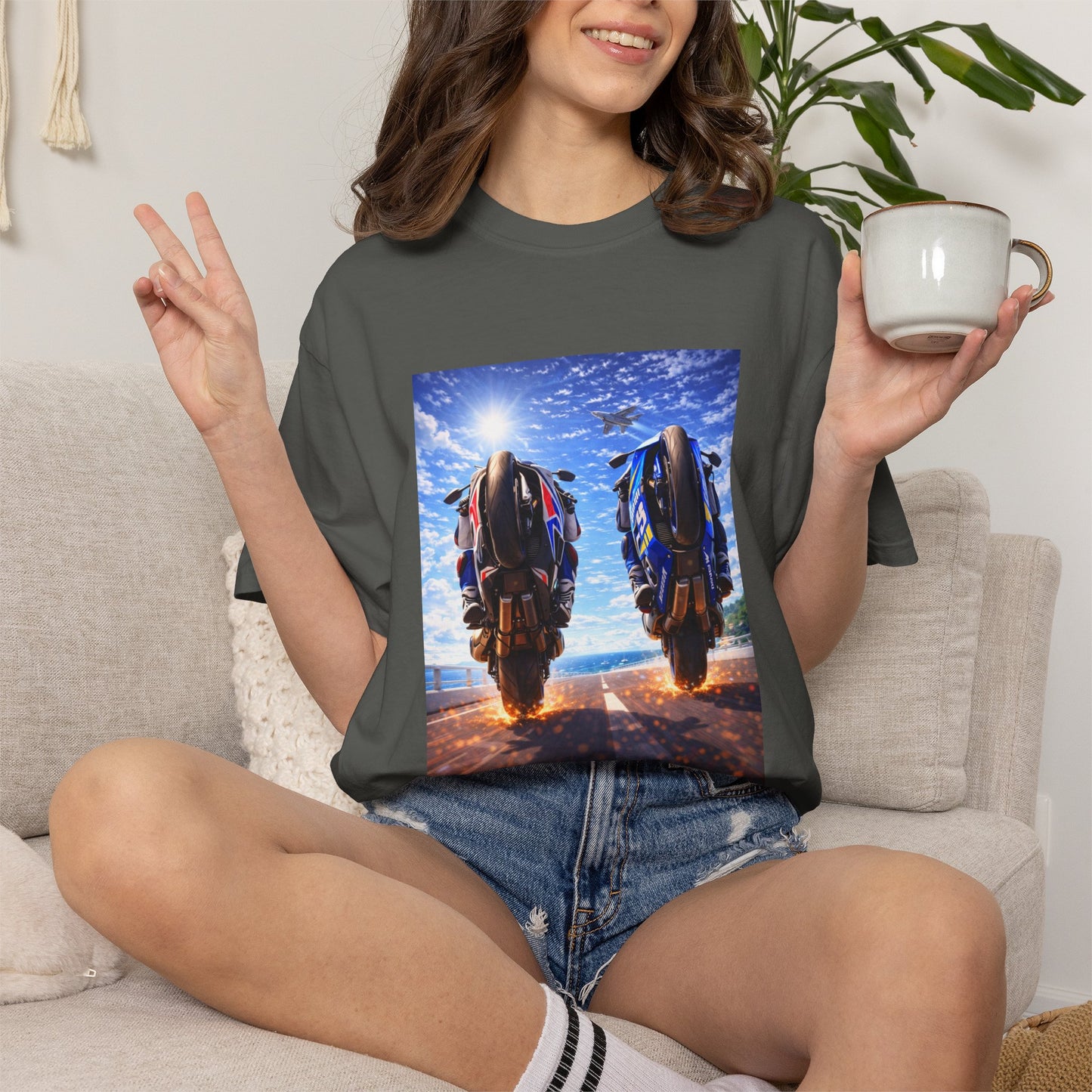 Motorcycle Sunset T-Shirt — Two Bikes Riding Into the Horizon