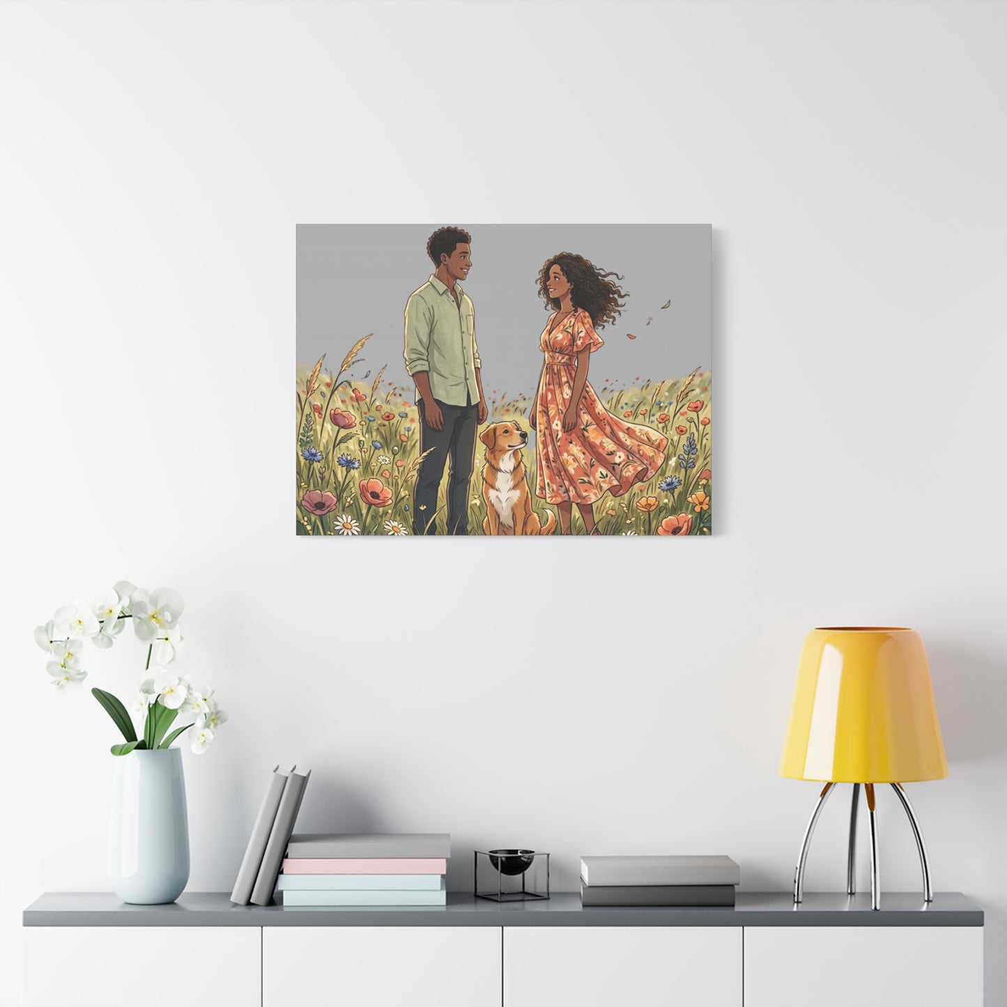 Romantic Couple in Wildflower Field Canvas Art — Black Love Wall Decor with Dog