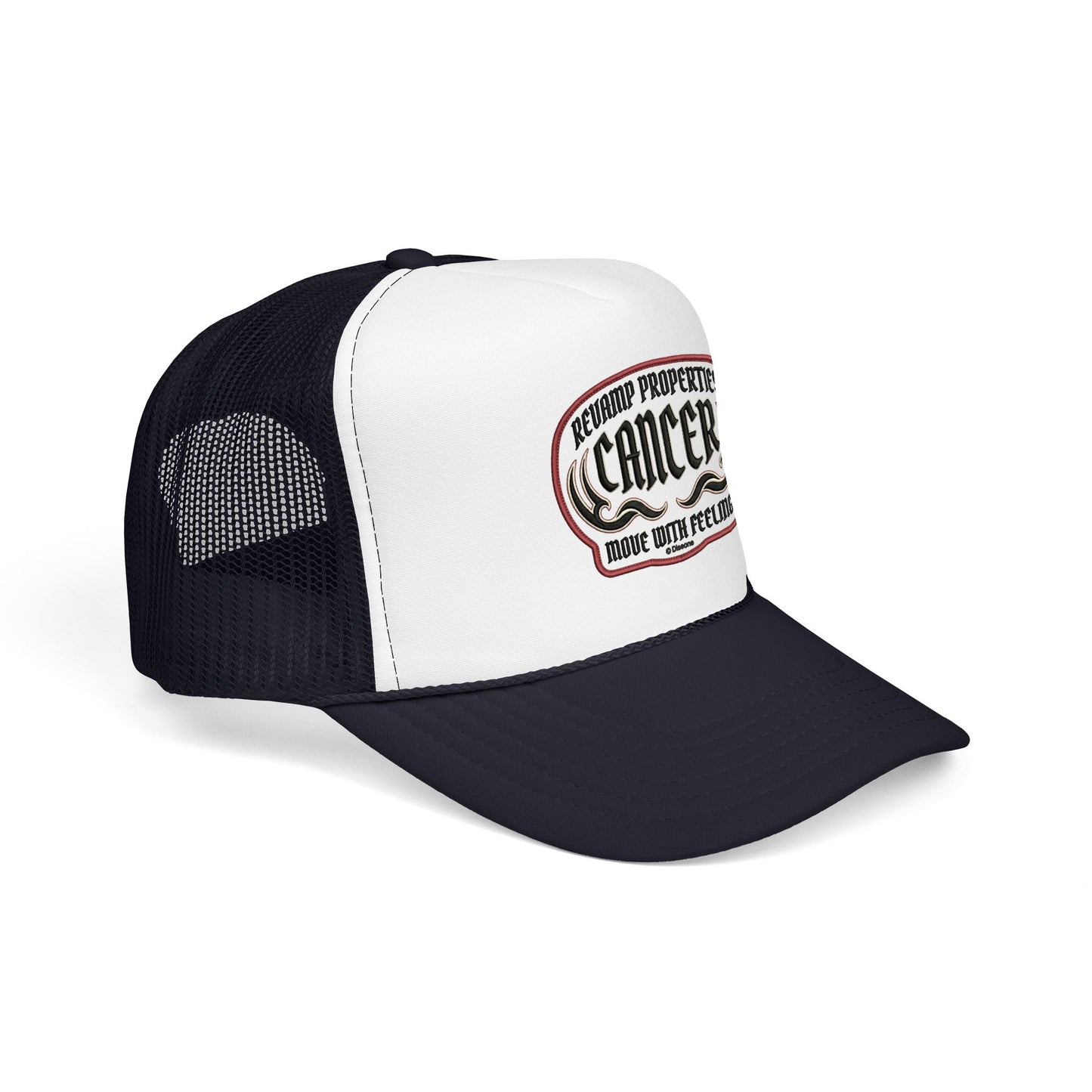 Cancer Zodiac Trucker Hat — Vintage Embroidered Skull & Crab Design