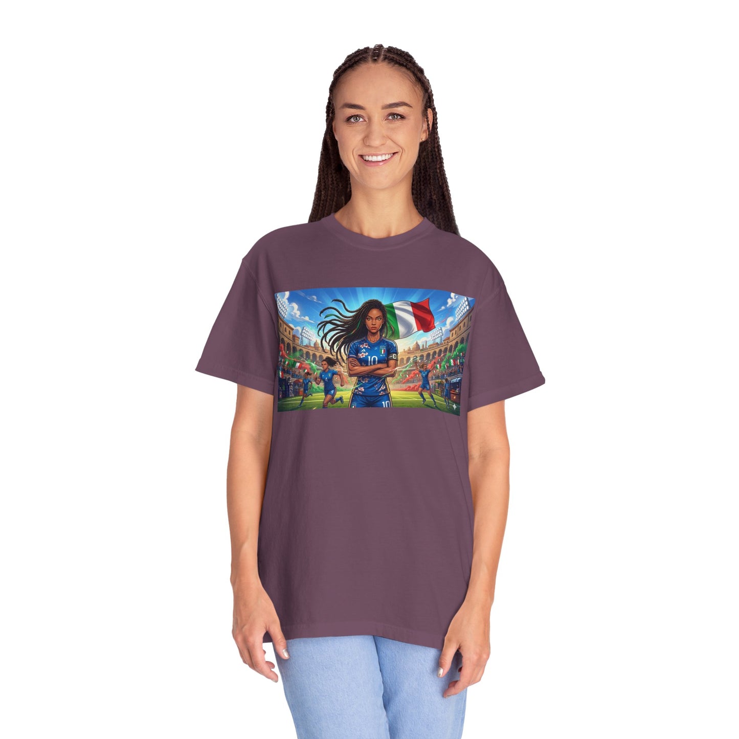 Italian Soccer Fan T‑Shirt – Inspirational Female Player with Italy Flag Stadium Print