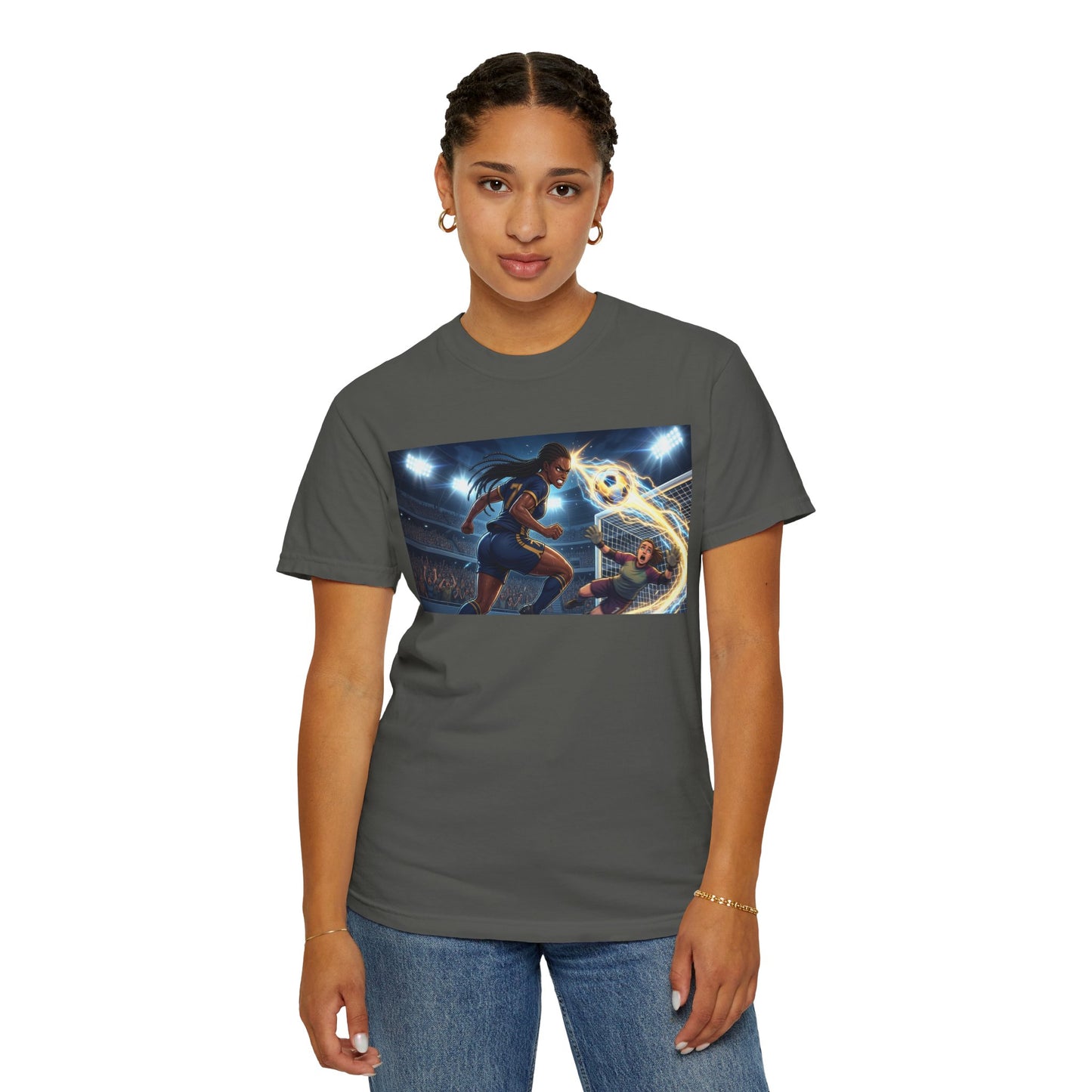 Soccer Duel Graphic T-Shirt — Futuristic Goalkeeper vs Striker Stadium Print