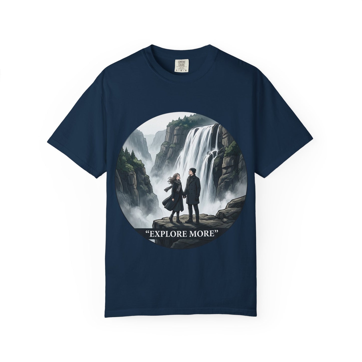Explore More T-Shirt — Adventure Graphic Tee with Waterfall Scene