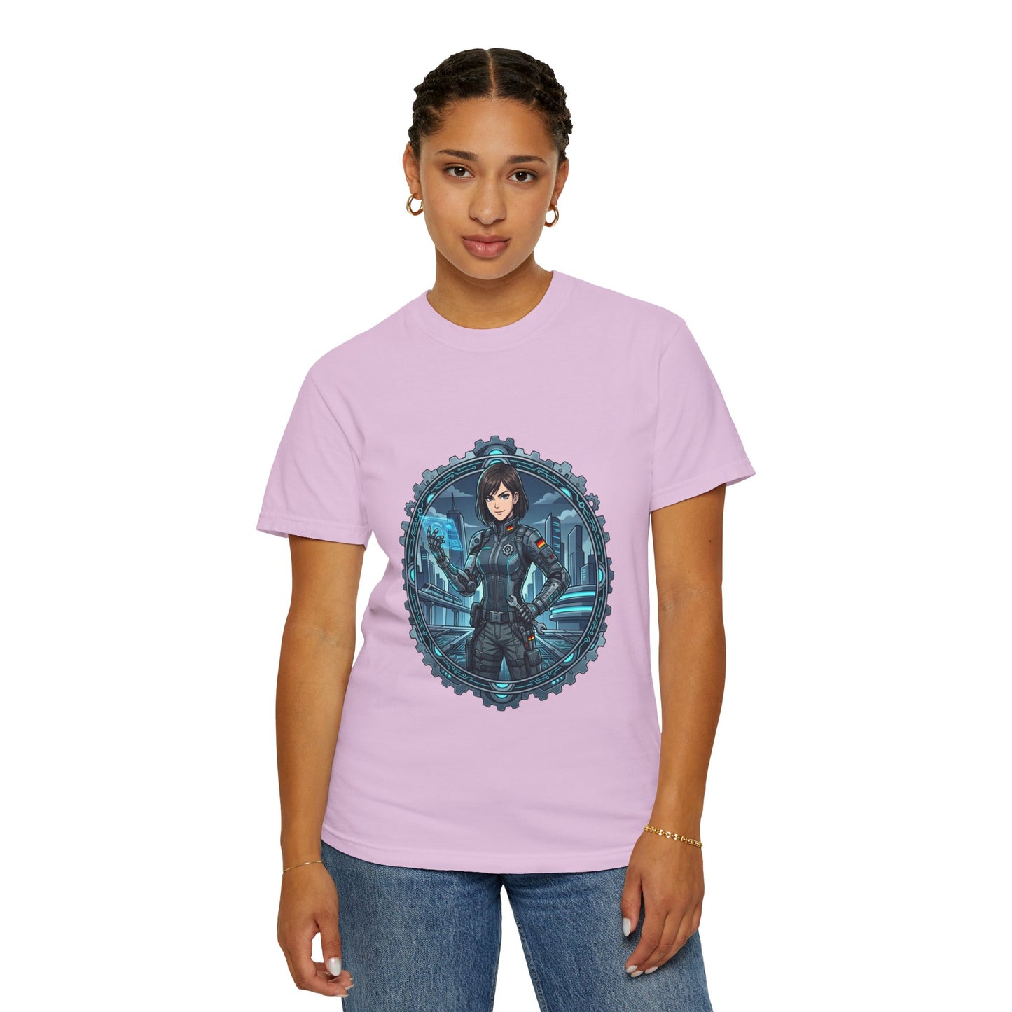 Cyber Ninja Graphic T-Shirt — Futuristic Female Warrior Illustration