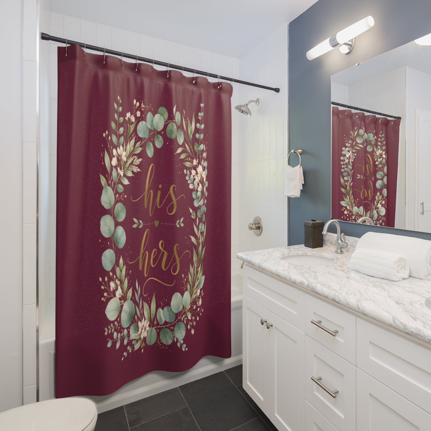 His & Hers Burgundy Floral Shower Curtain – Romantic Eucalyptus Wedding Bathroom Decor