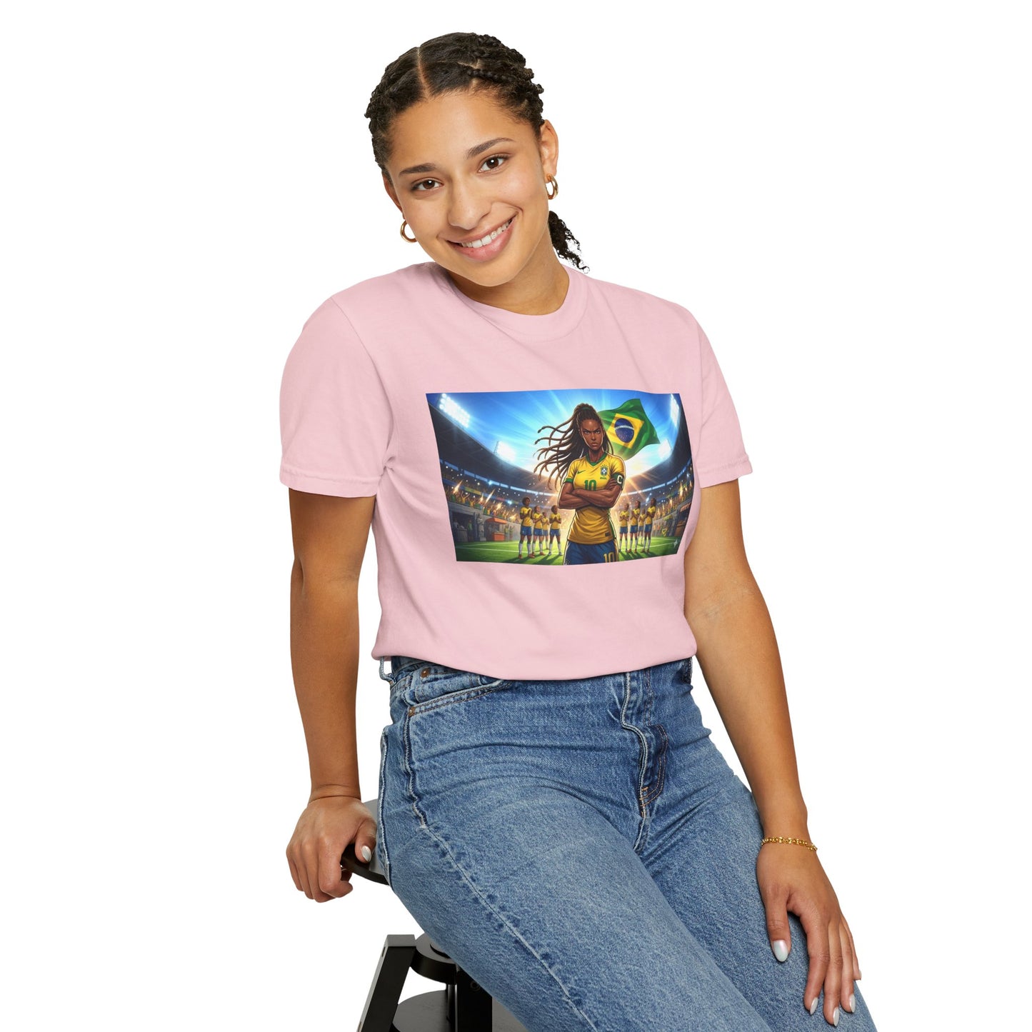 Brazil Soccer Captain T-Shirt — Player Holding Ball with Brazilian Flag Stadium Graphic