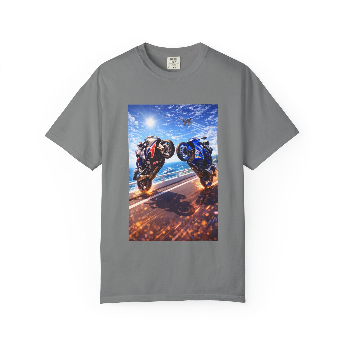 Stunt Riders Motorcycle T-Shirt — Two Bike Wheelie Racing Graphic Tee