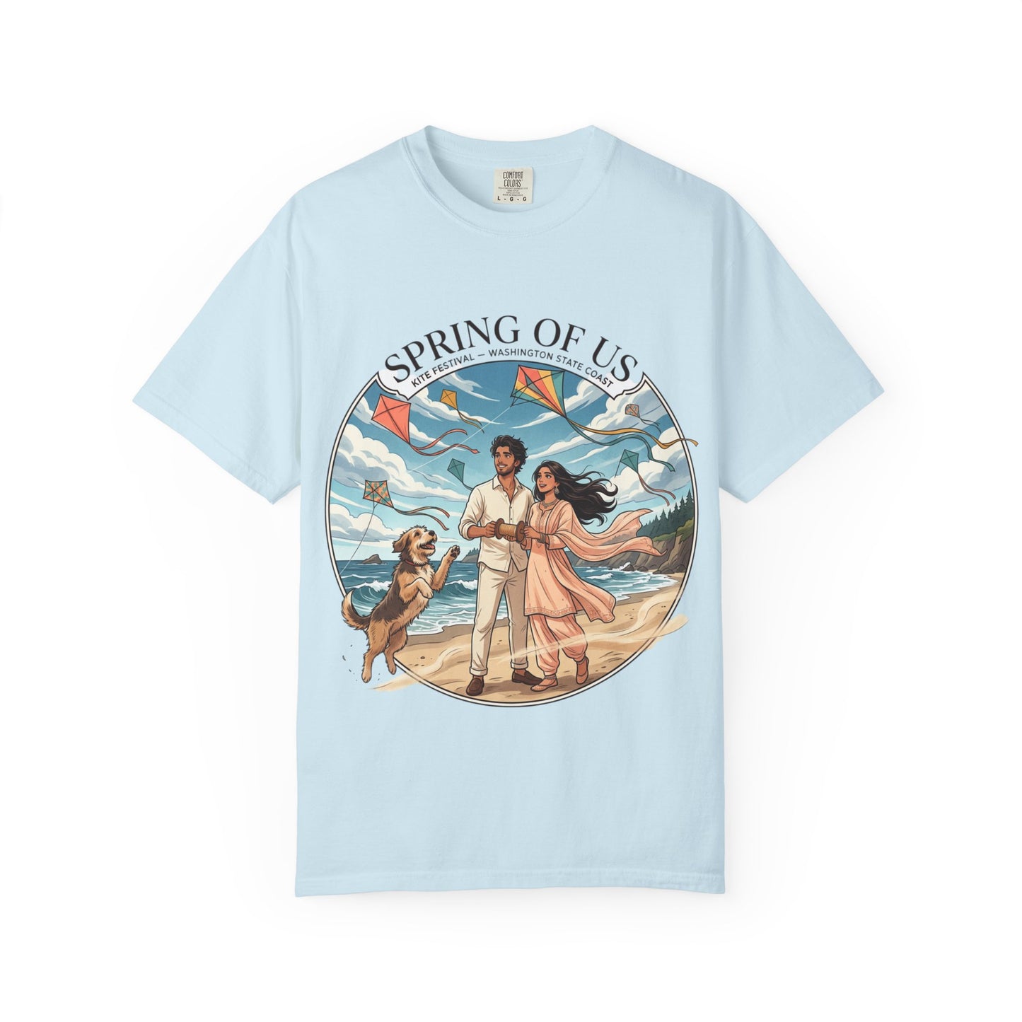 Spring of Us T-Shirt — Romantic Beach Couple Illustration with Dog