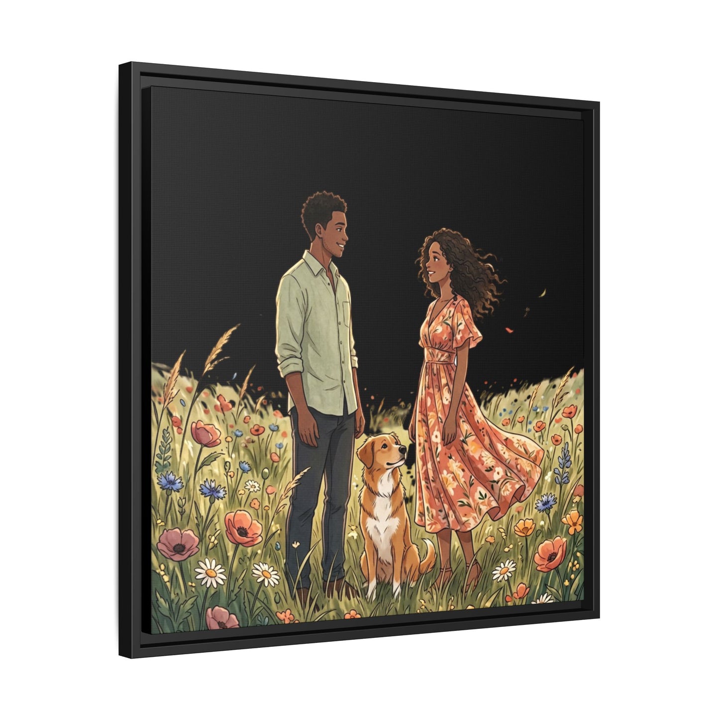 Framed Matte Canvas Print — Romantic Couple in Wildflower Field (Multi‑Color)
