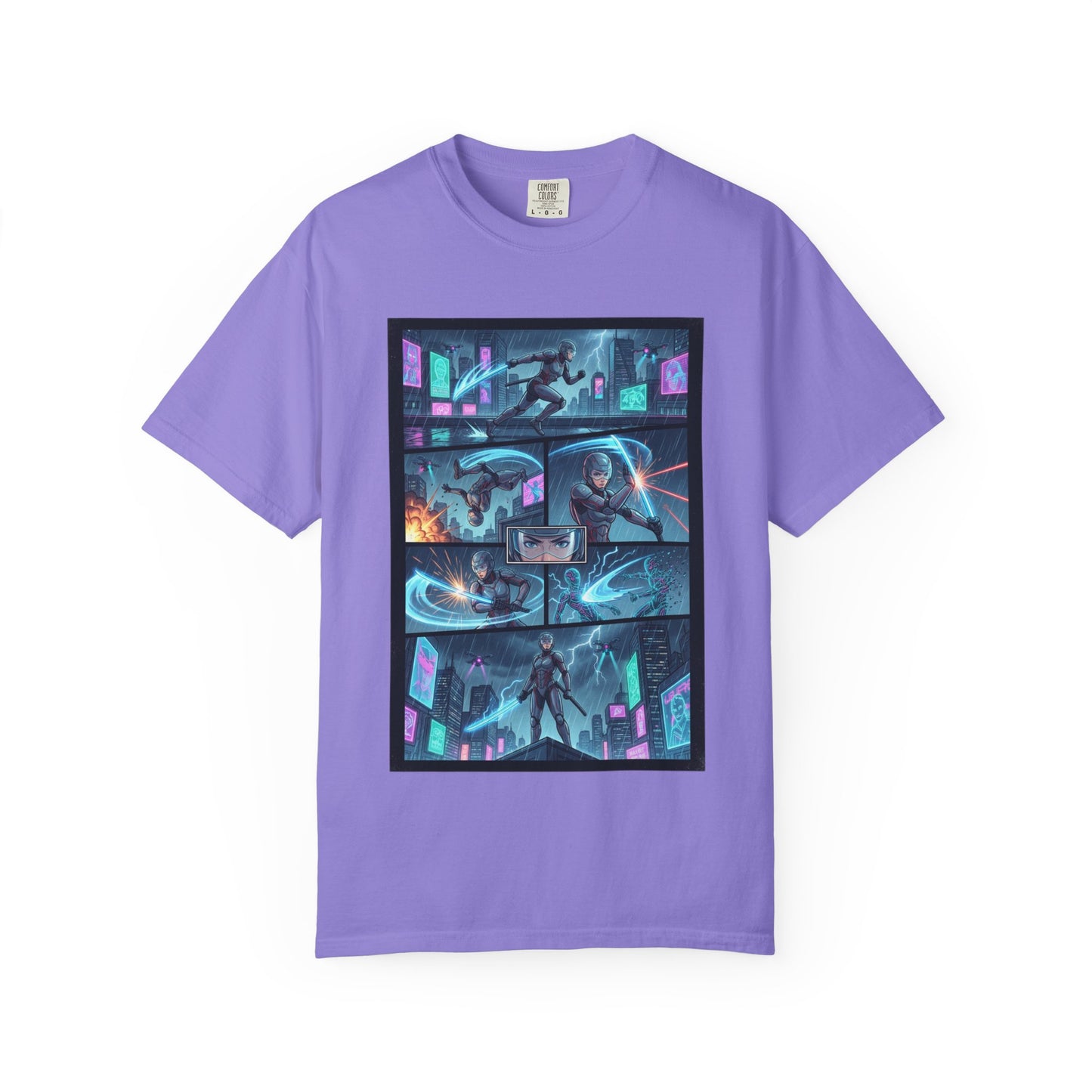 Cyberpunk Girl Samurai T-Shirt — Neon Manga Panel Graphic Tee