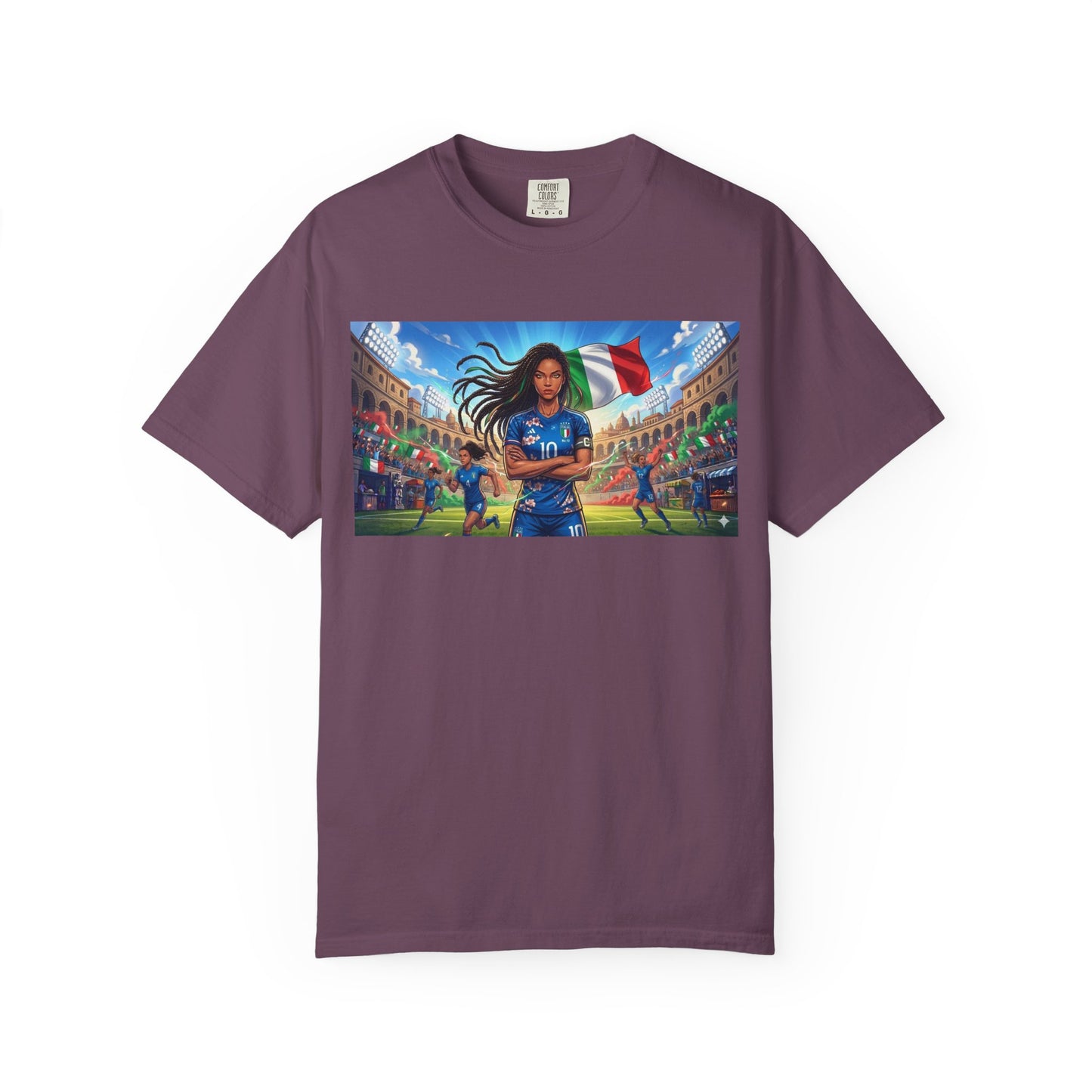 Italian Soccer Fan T‑Shirt – Inspirational Female Player with Italy Flag Stadium Print