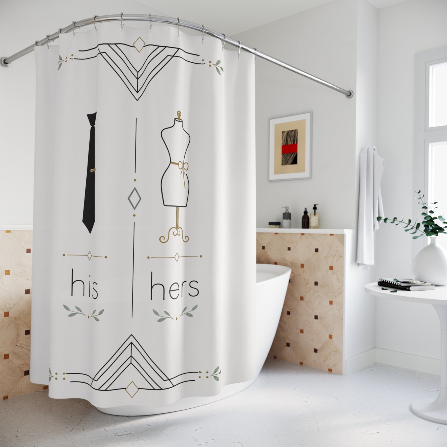 His & Hers Minimalist Shower Curtain — Tie & Dress Form Art Deco Bathroom Decor
