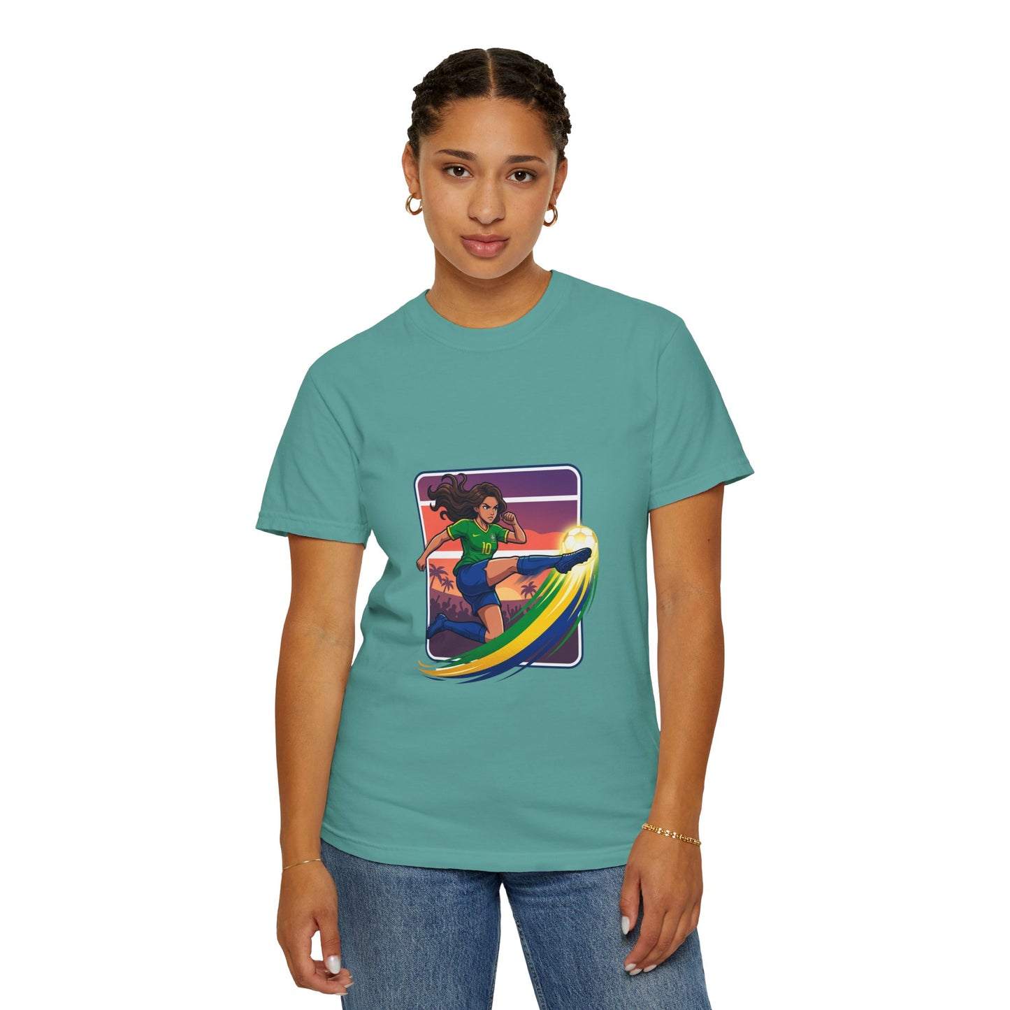 Surfing Sunset T-Shirt — Girl Surfer Rainbow Wave Graphic Tee
