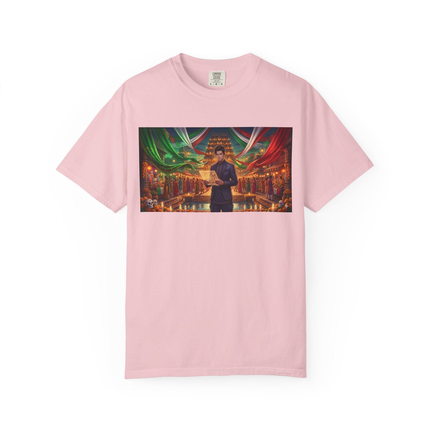T-Shirt — Dragon Temple Night Scene Graphic Tee (Monk with Dragons)