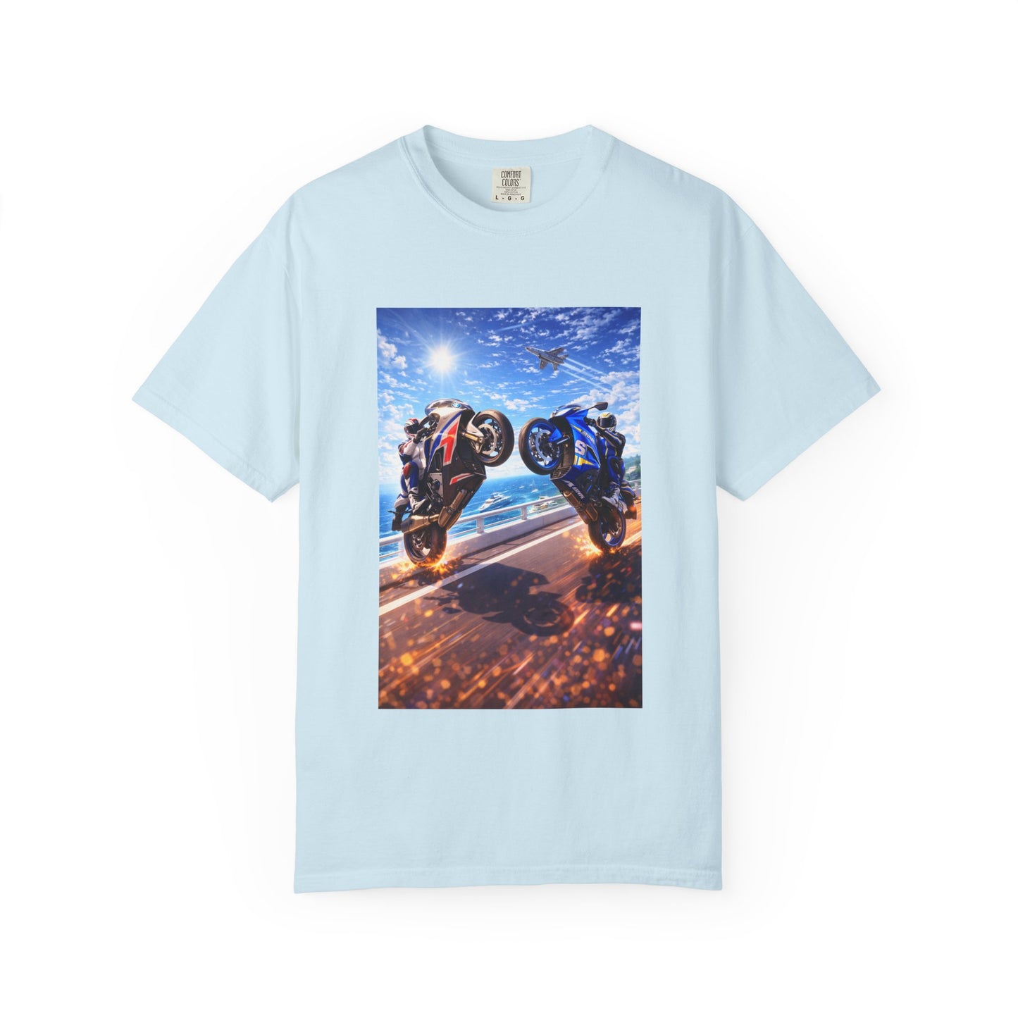 Stunt Riders Motorcycle T-Shirt — Two Bike Wheelie Racing Graphic Tee