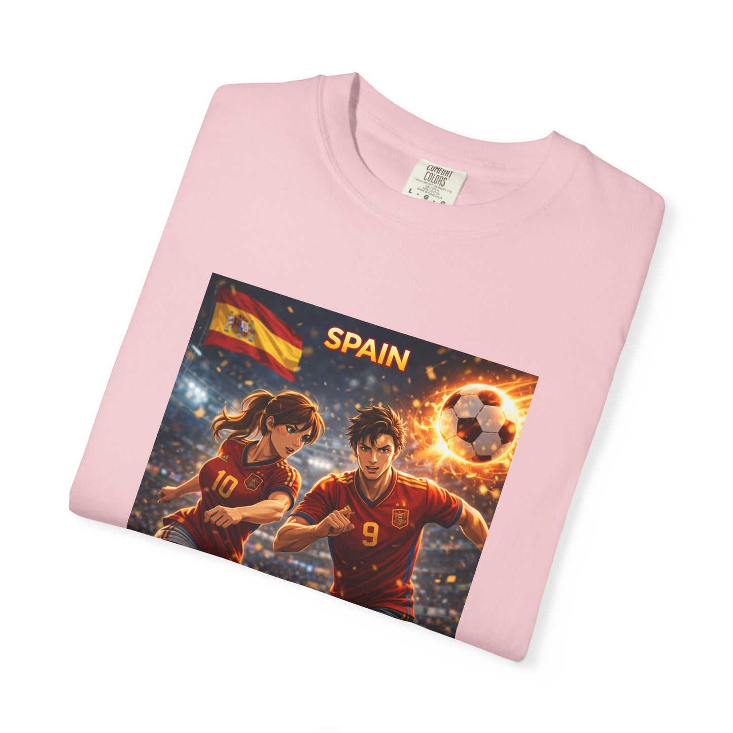 Spain Soccer Graphic T-Shirt — Retro Match Scene with Flag
