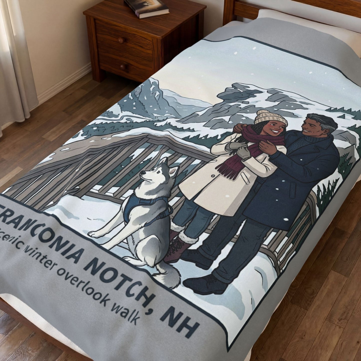 Velveteen Blanket — Franconia Notch NH Winter Scenic Throw with Couple & Husky