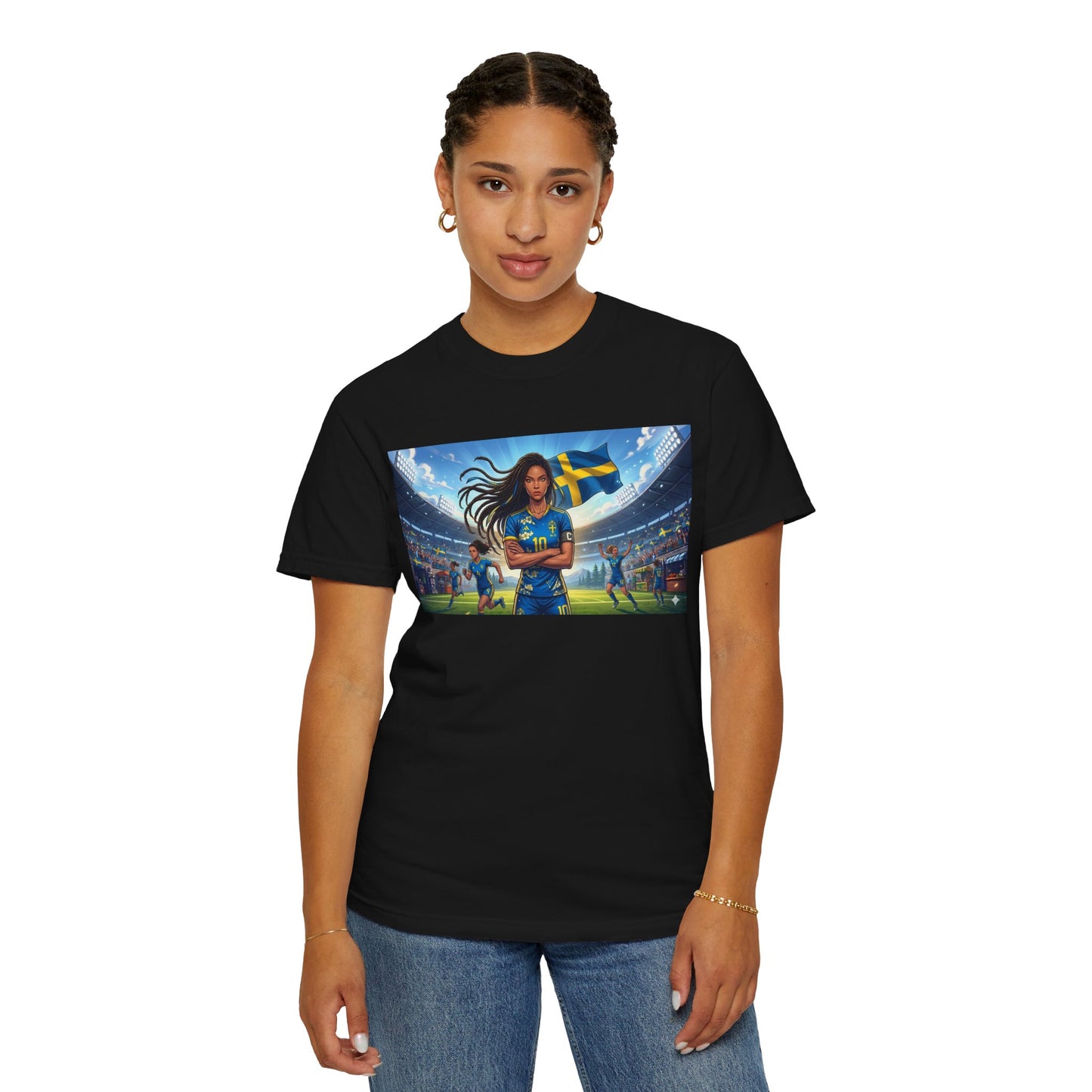 Swedish Soccer Pride T-Shirt — Female Footballer with Flag Stadium Design