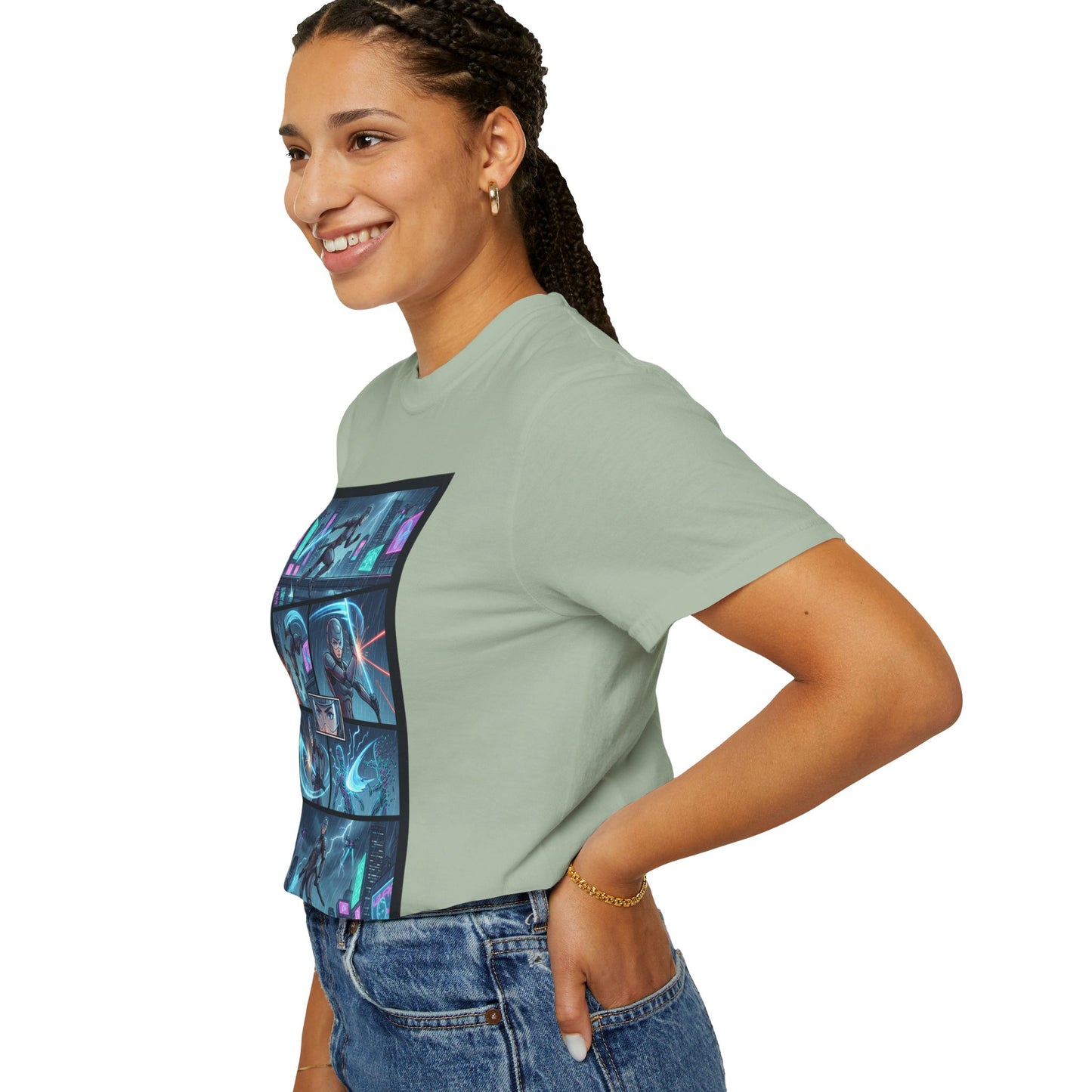 Cyberpunk Girl Samurai T-Shirt — Neon Manga Panel Graphic Tee