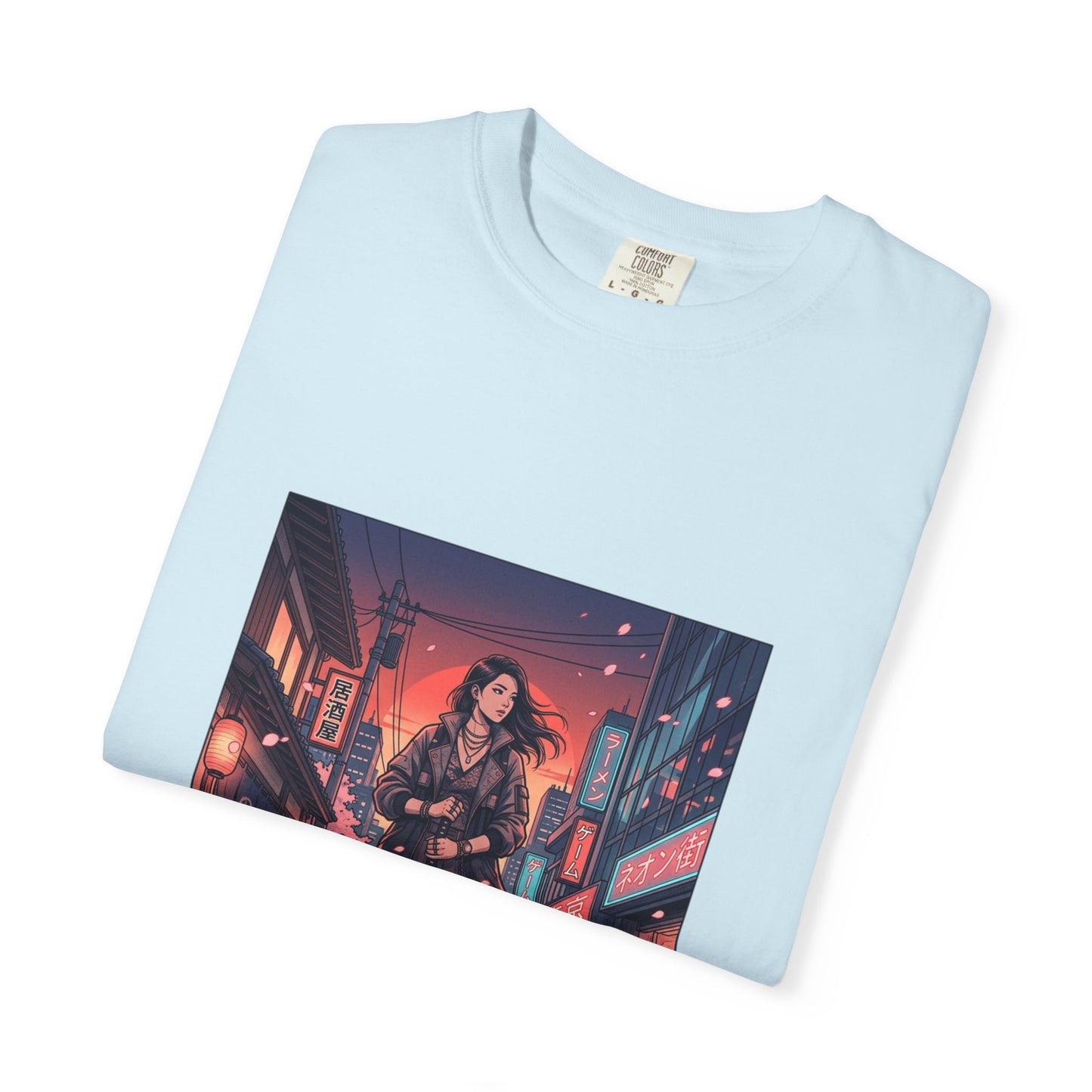 Cyberpunk Night Streets T‑Shirt — Neon Samurai Girl Graphic Tee