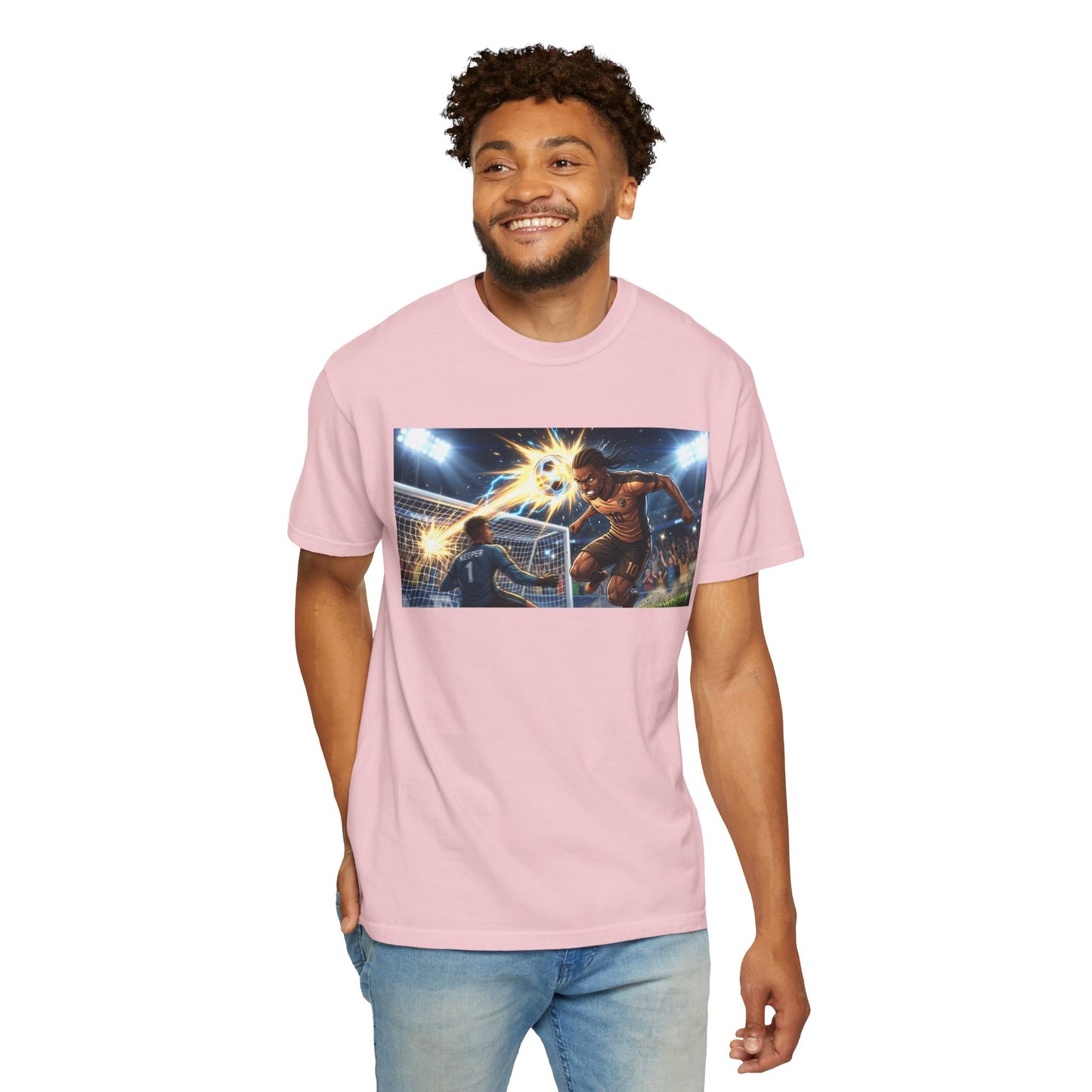 Soccer Goal Celebration T-Shirt — Action Football Scene Graphic Tee