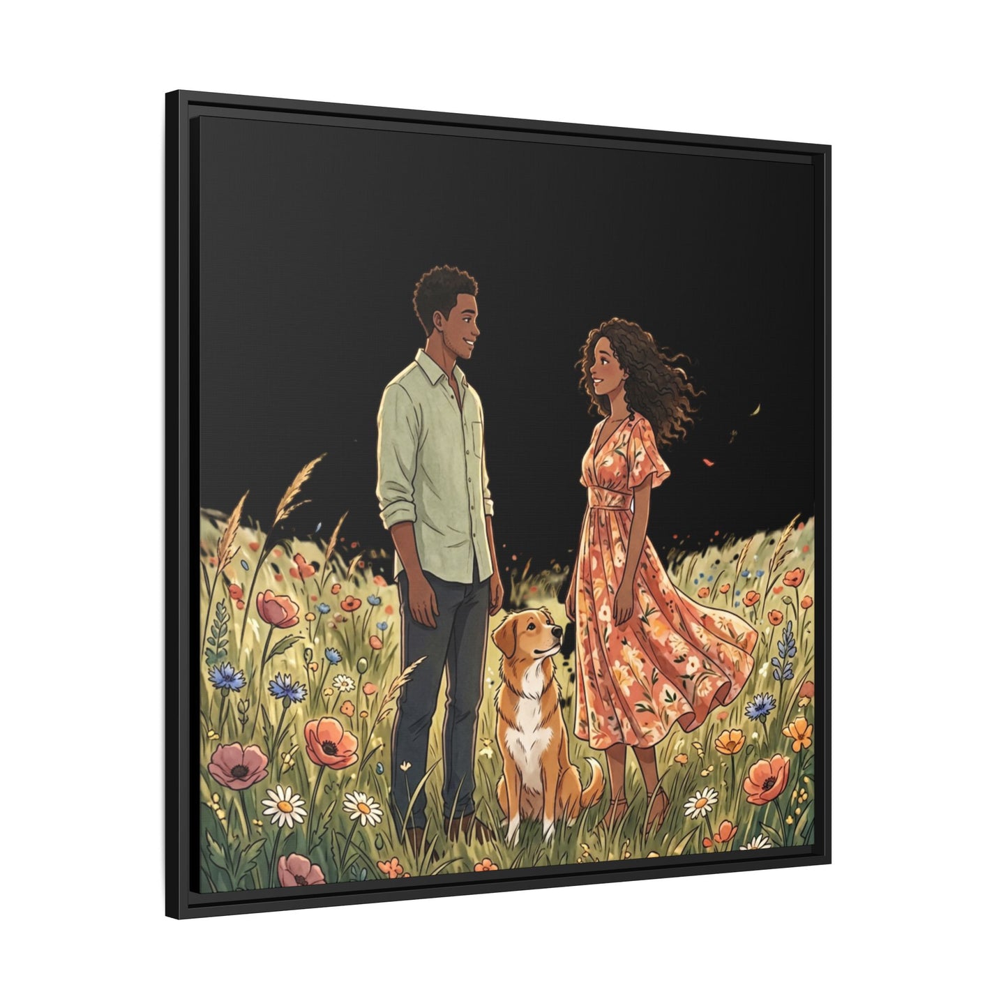 Framed Matte Canvas Print — Romantic Couple in Wildflower Field (Multi‑Color)