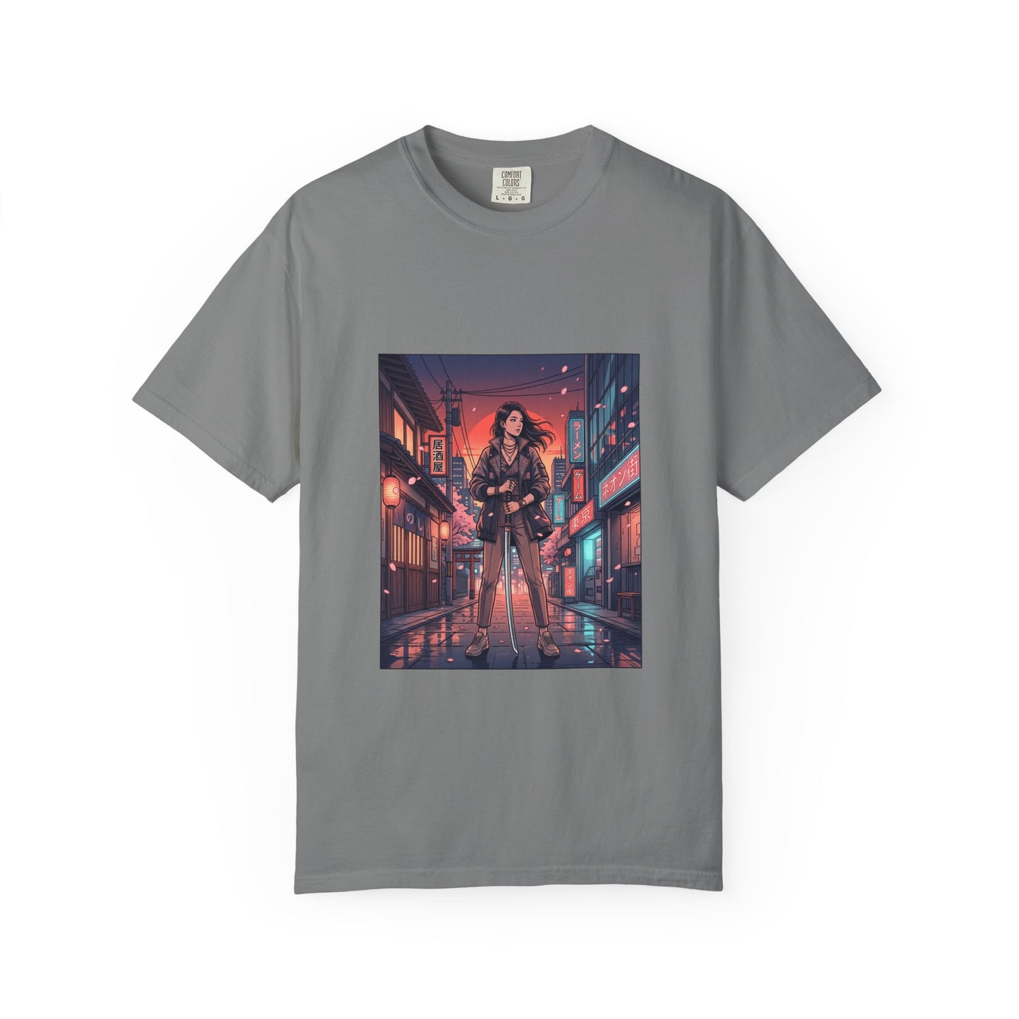 Cyberpunk Night Streets T‑Shirt — Neon Samurai Girl Graphic Tee