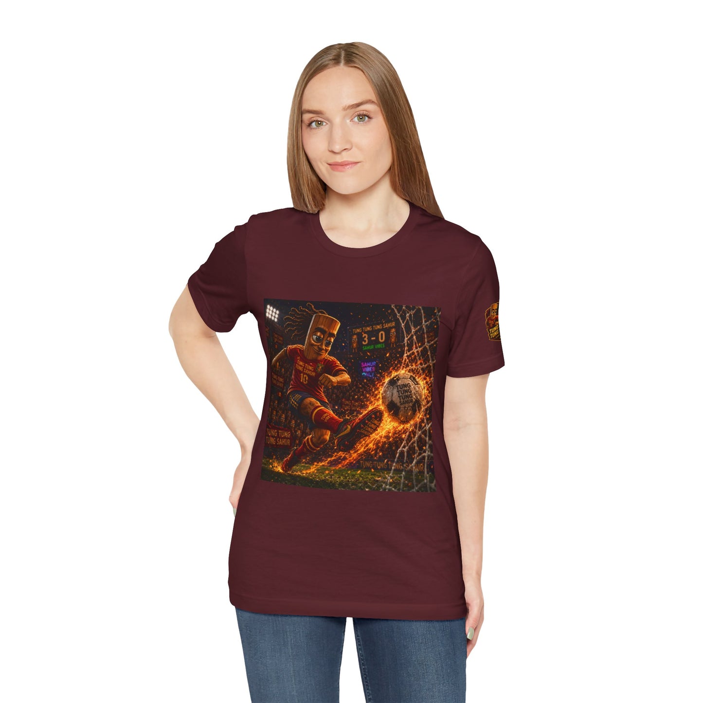 Tung Tung Tung Sahur Soccer Kick Firestorm Graphic Tee — ‘Goal’ Animated Kick Design