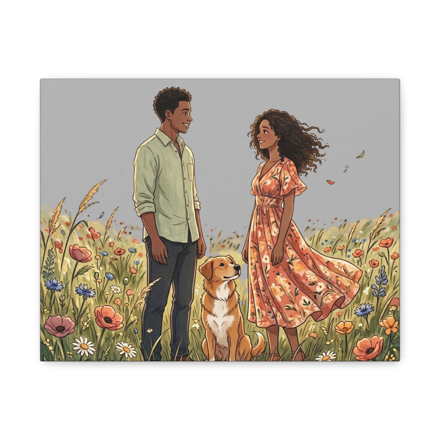 Romantic Couple in Wildflower Field Canvas Art — Black Love Wall Decor with Dog