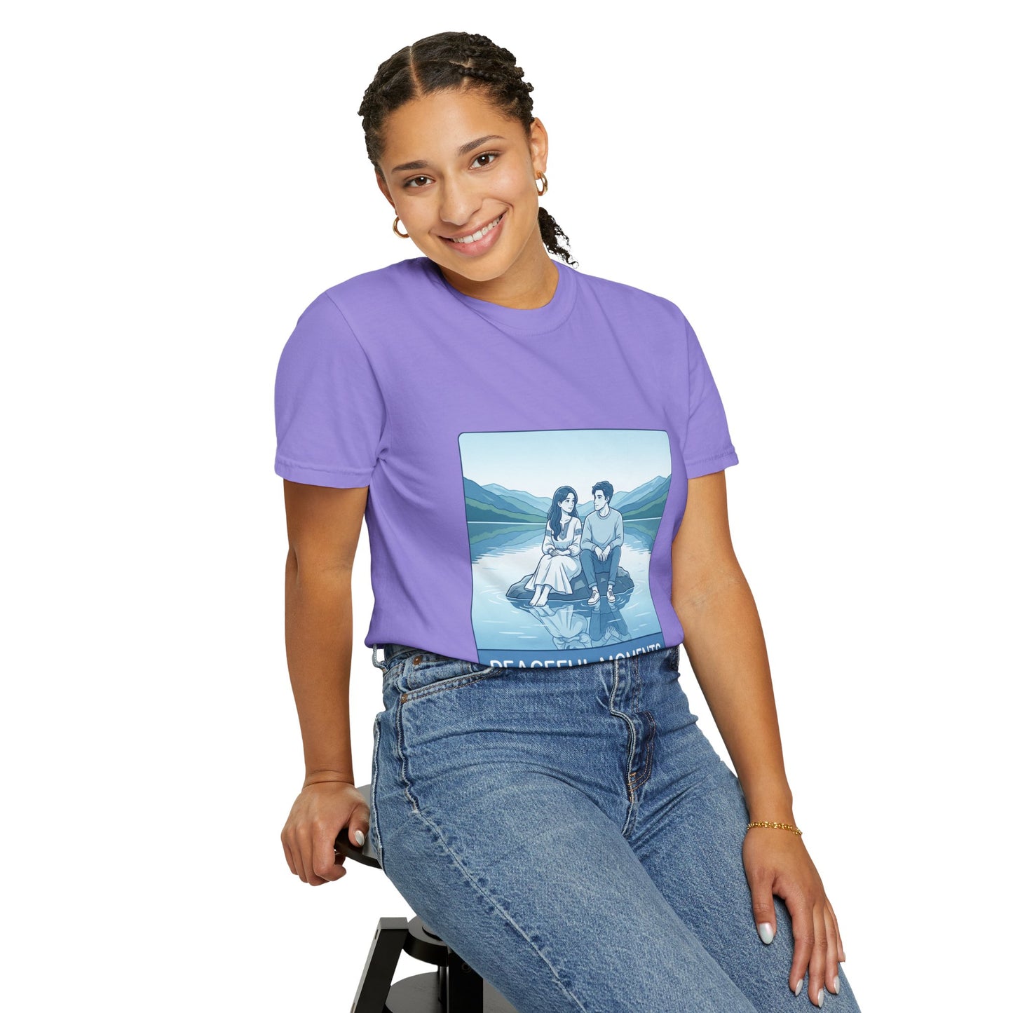 Peaceful Moments Tee — Couple Sitting by Lake Graphic T-Shirt