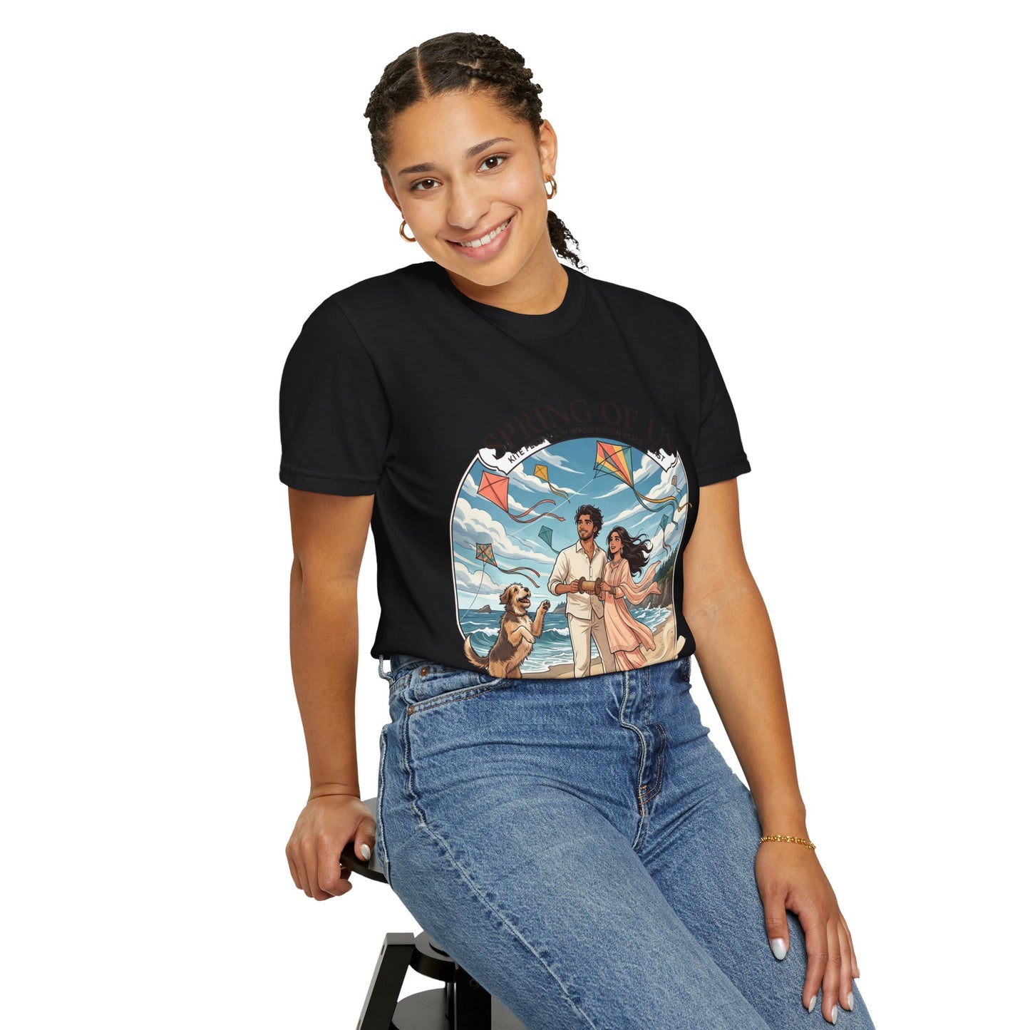Spring of Us T-Shirt — Romantic Beach Couple Illustration with Dog