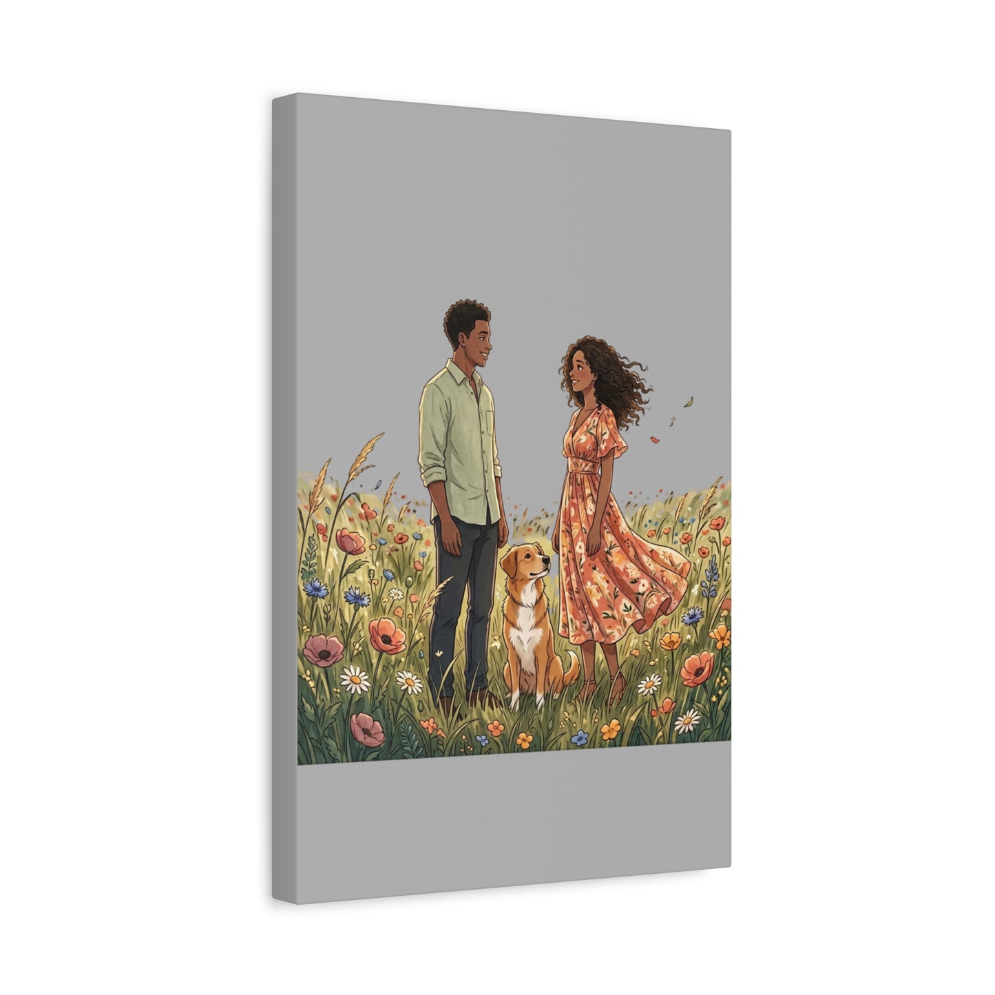Romantic Couple in Wildflower Field Canvas Art — Black Love Wall Decor with Dog