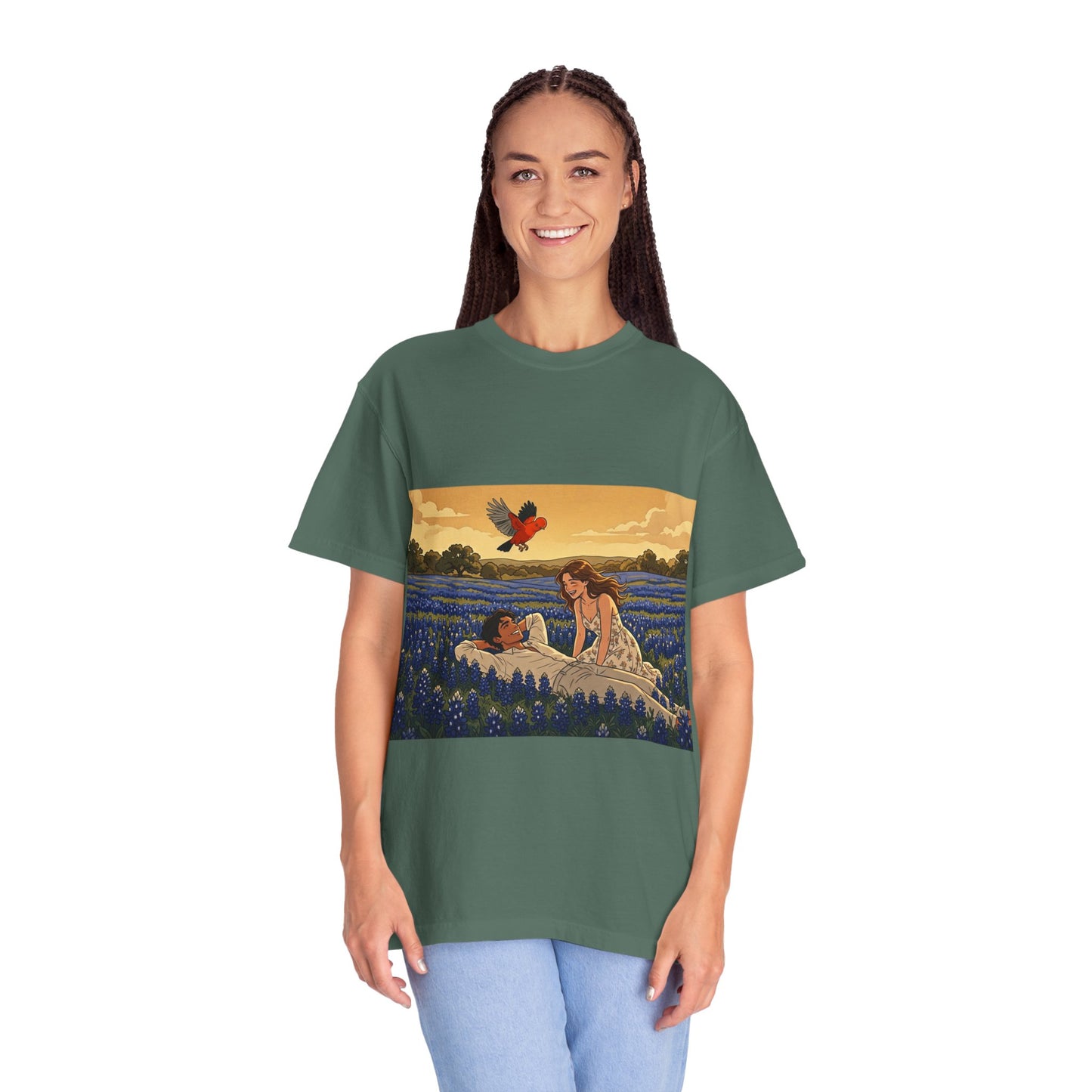 Romantic Bluebonnet Field T-Shirt — Couple in Wildflower Meadow Art Tee