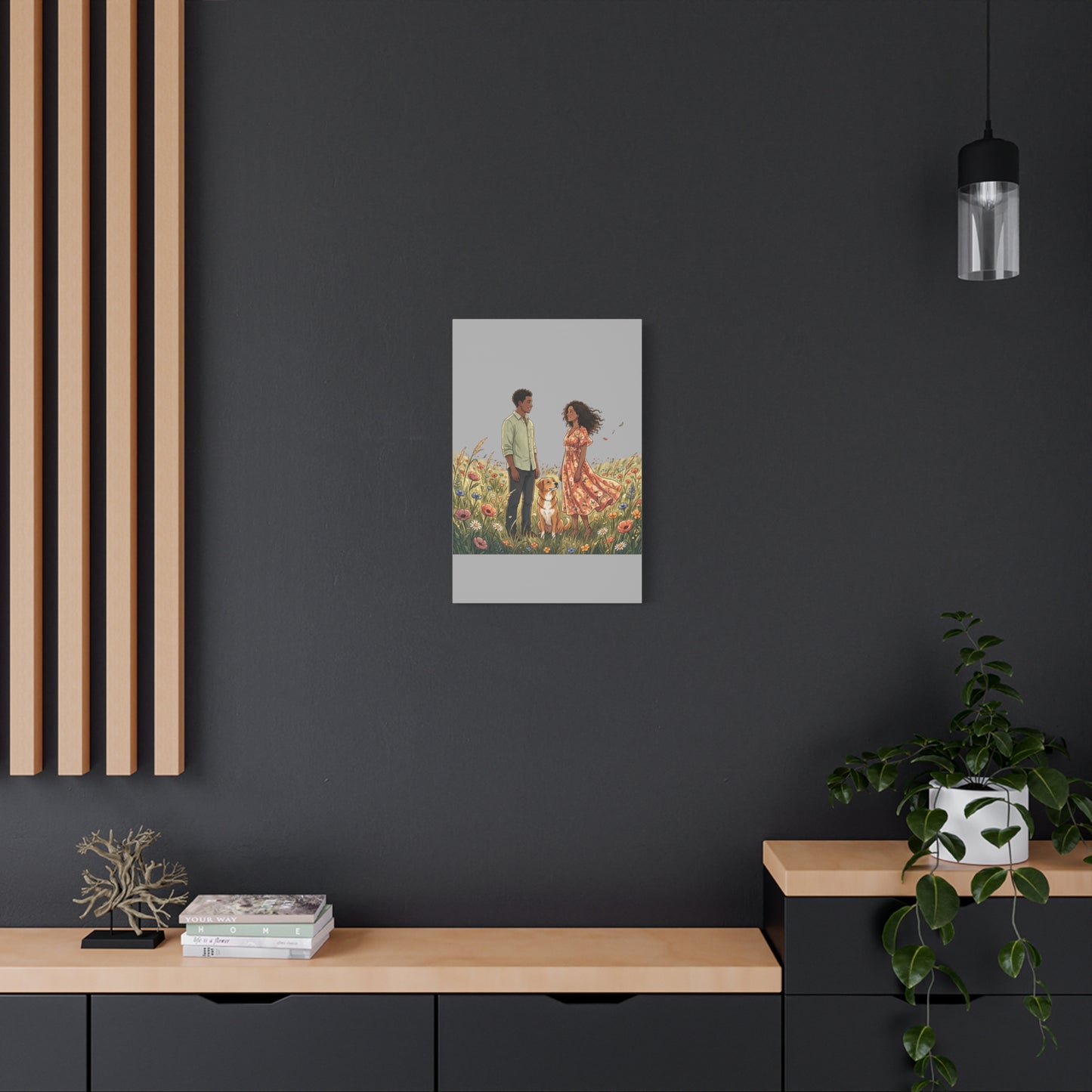 Romantic Couple in Wildflower Field Canvas Art — Black Love Wall Decor with Dog