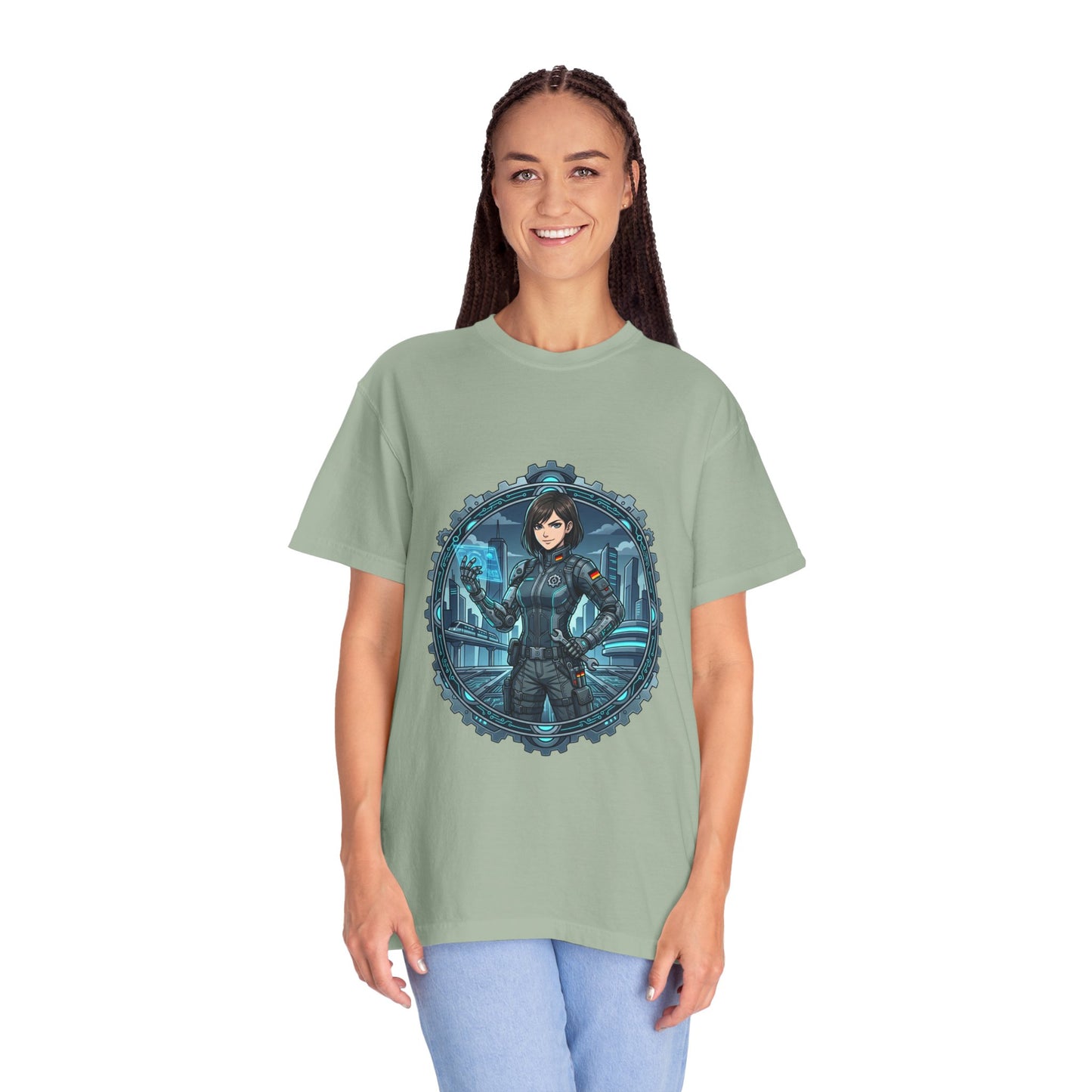 Cyber Ninja Graphic T-Shirt — Futuristic Female Warrior Illustration