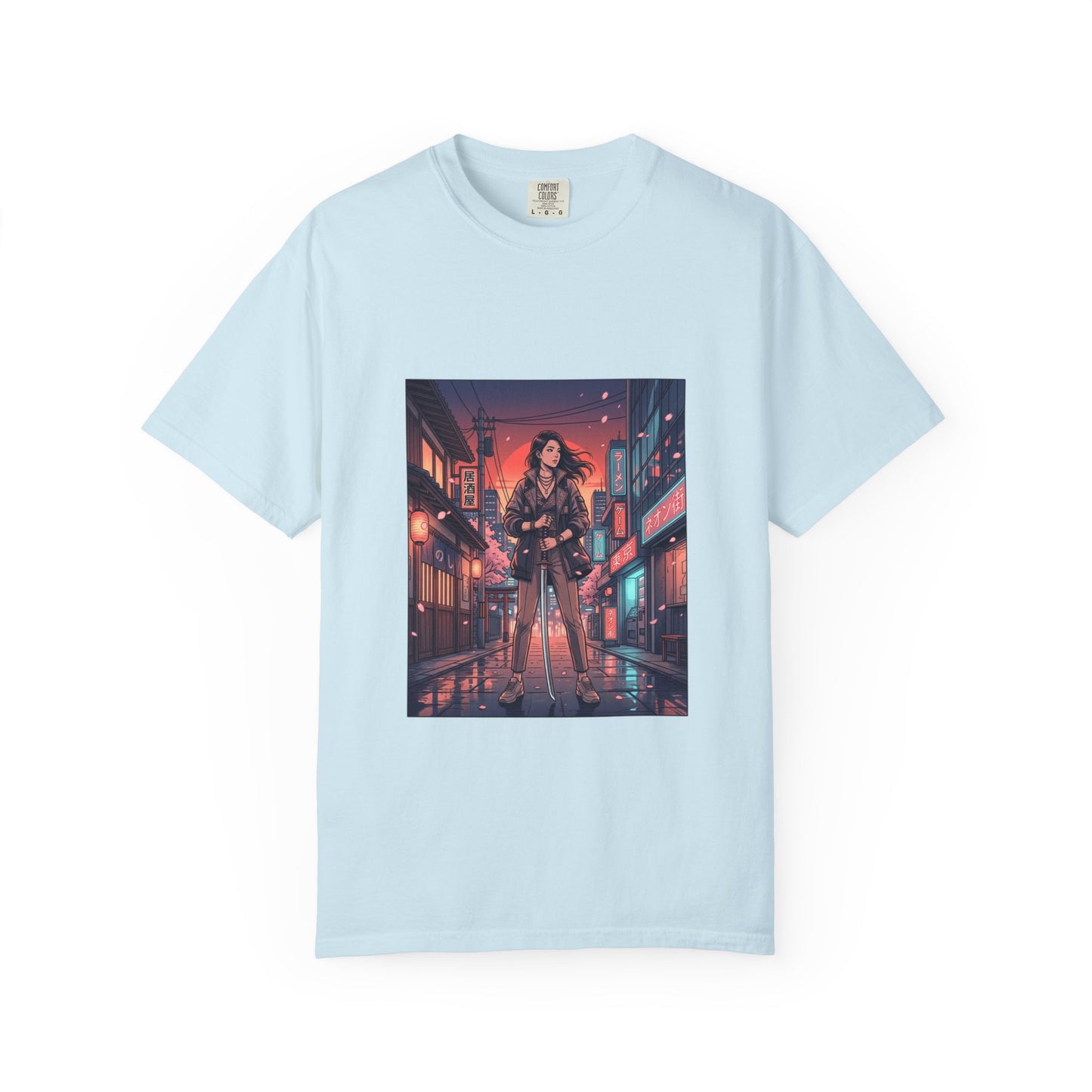 Cyberpunk Night Streets T‑Shirt — Neon Samurai Girl Graphic Tee