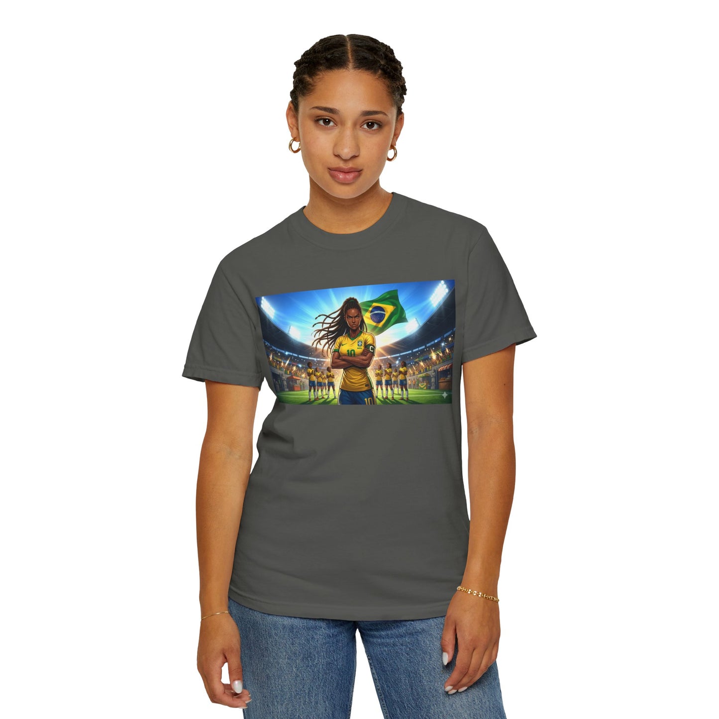 Brazil Soccer Captain T-Shirt — Player Holding Ball with Brazilian Flag Stadium Graphic