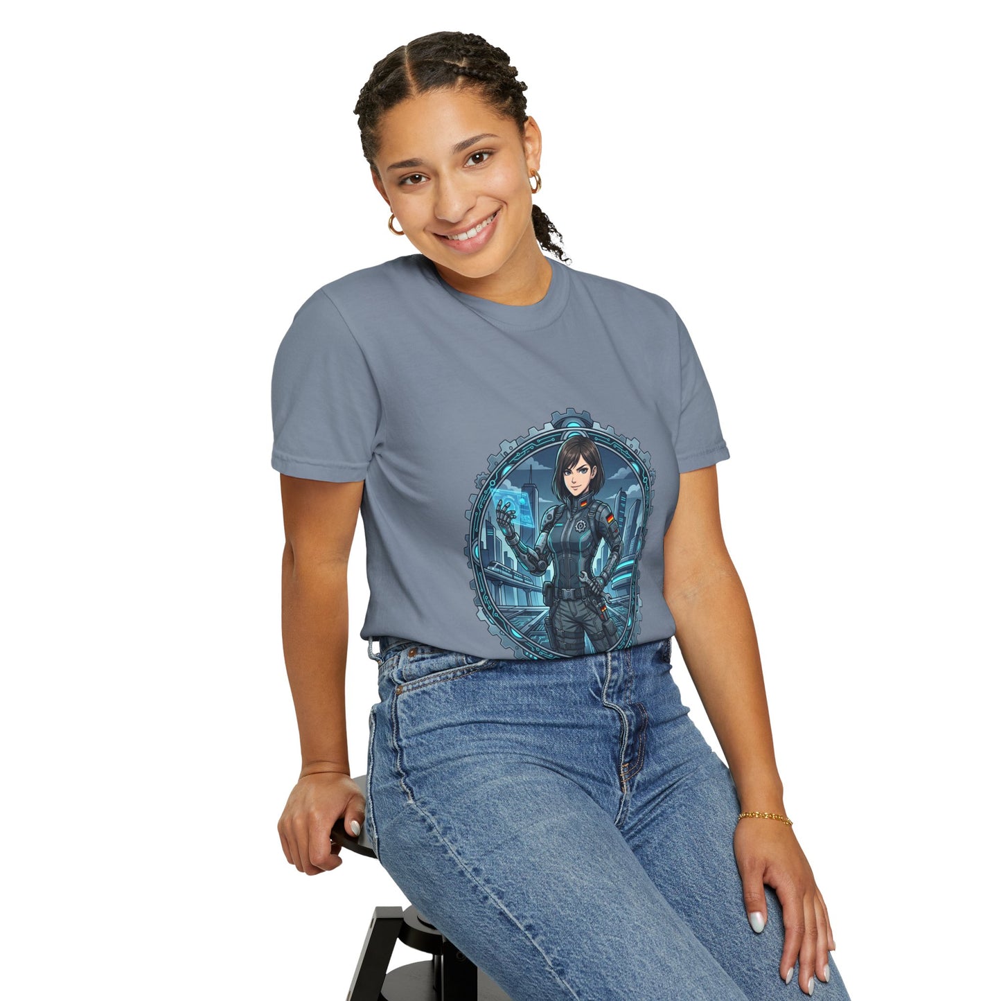 Cyber Ninja Graphic T-Shirt — Futuristic Female Warrior Illustration
