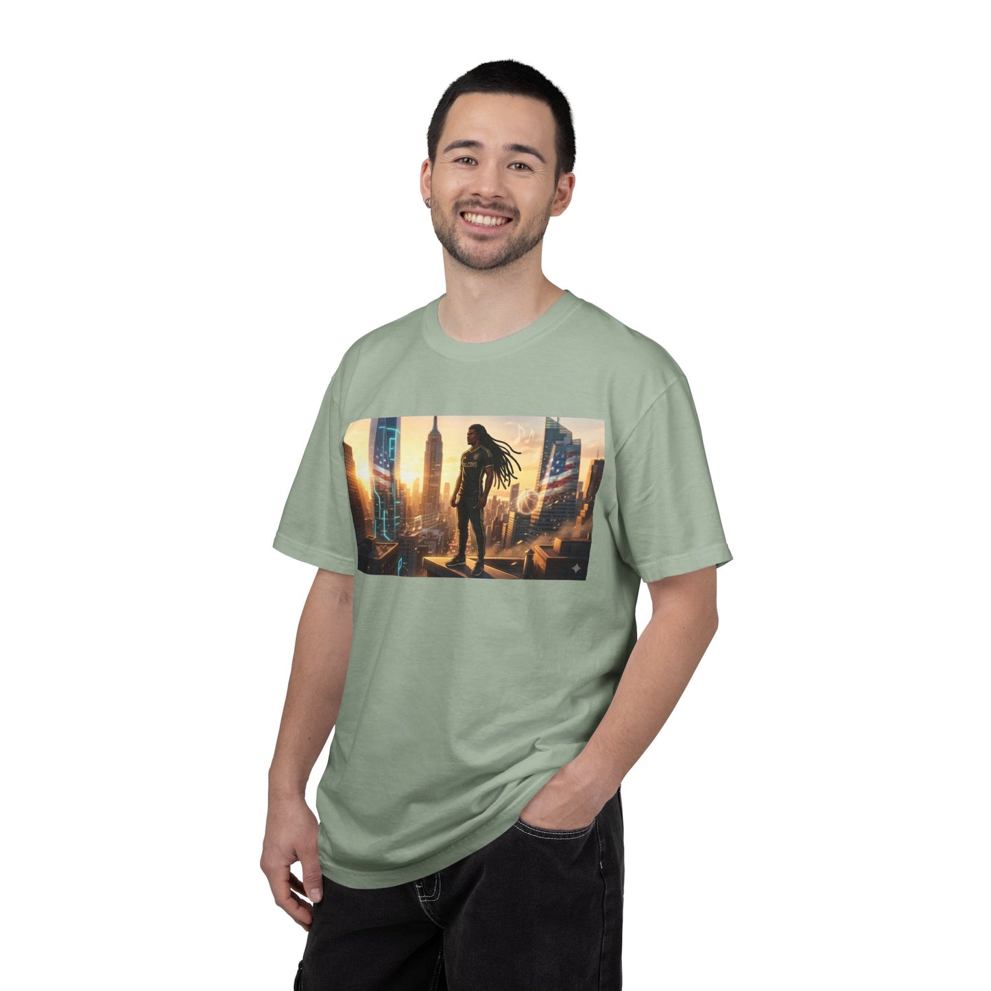 Cyberpunk Cityscape T-Shirt — Silhouette Hero at Sunset