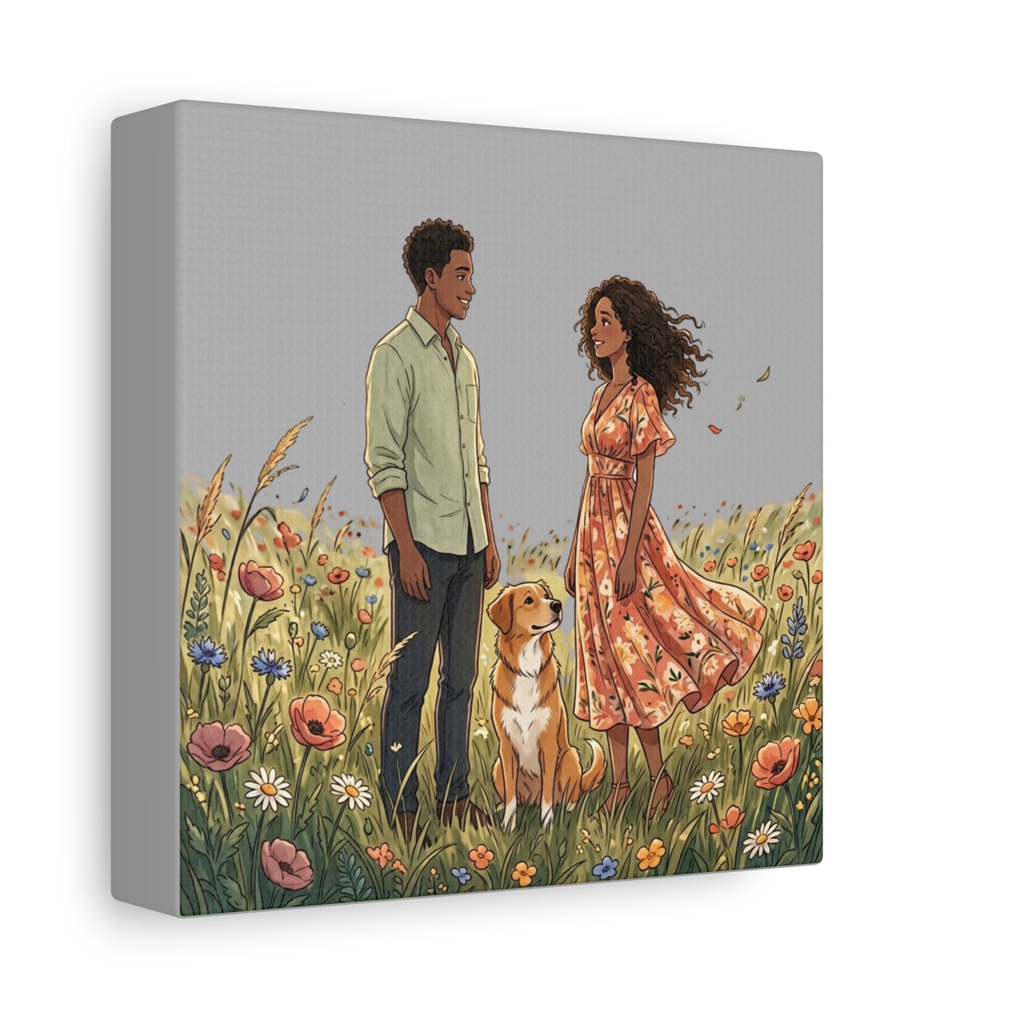 Romantic Couple in Wildflower Field Canvas Art — Black Love Wall Decor with Dog