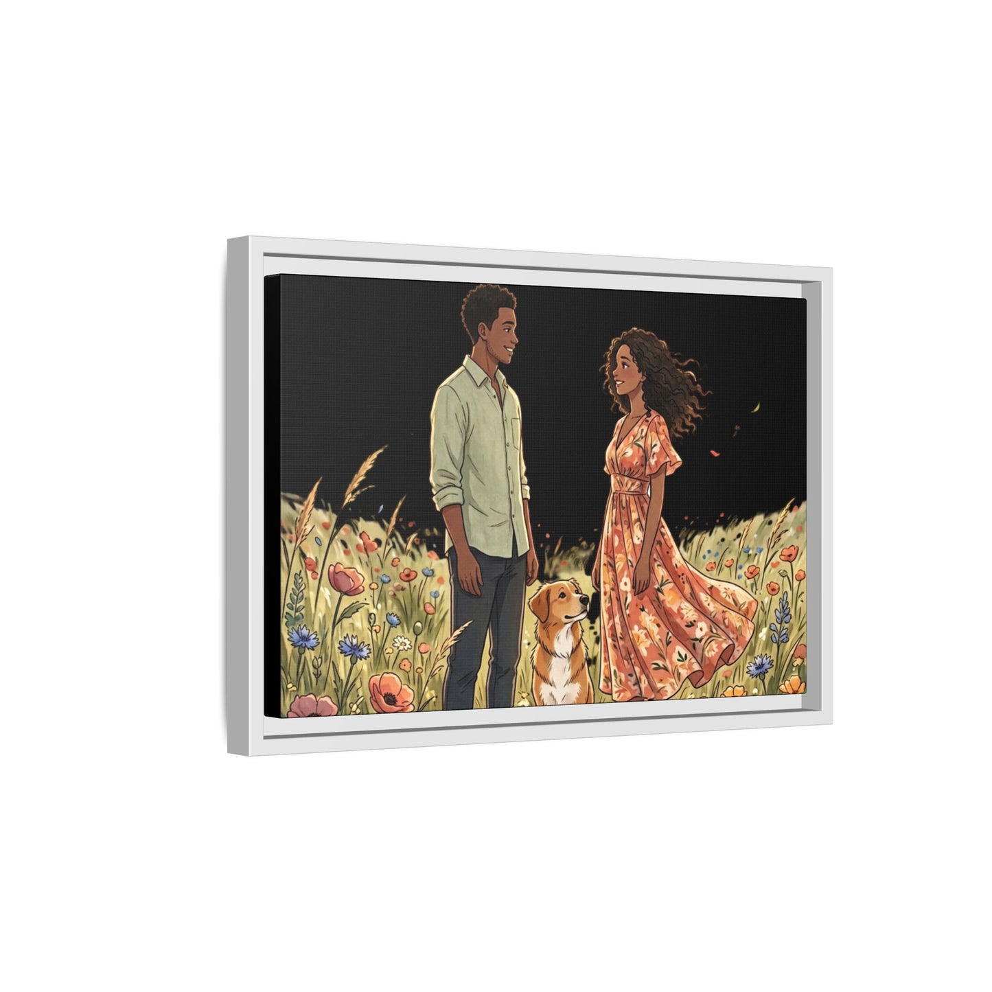 Framed Matte Canvas Print — Romantic Couple in Wildflower Field (Multi‑Color)