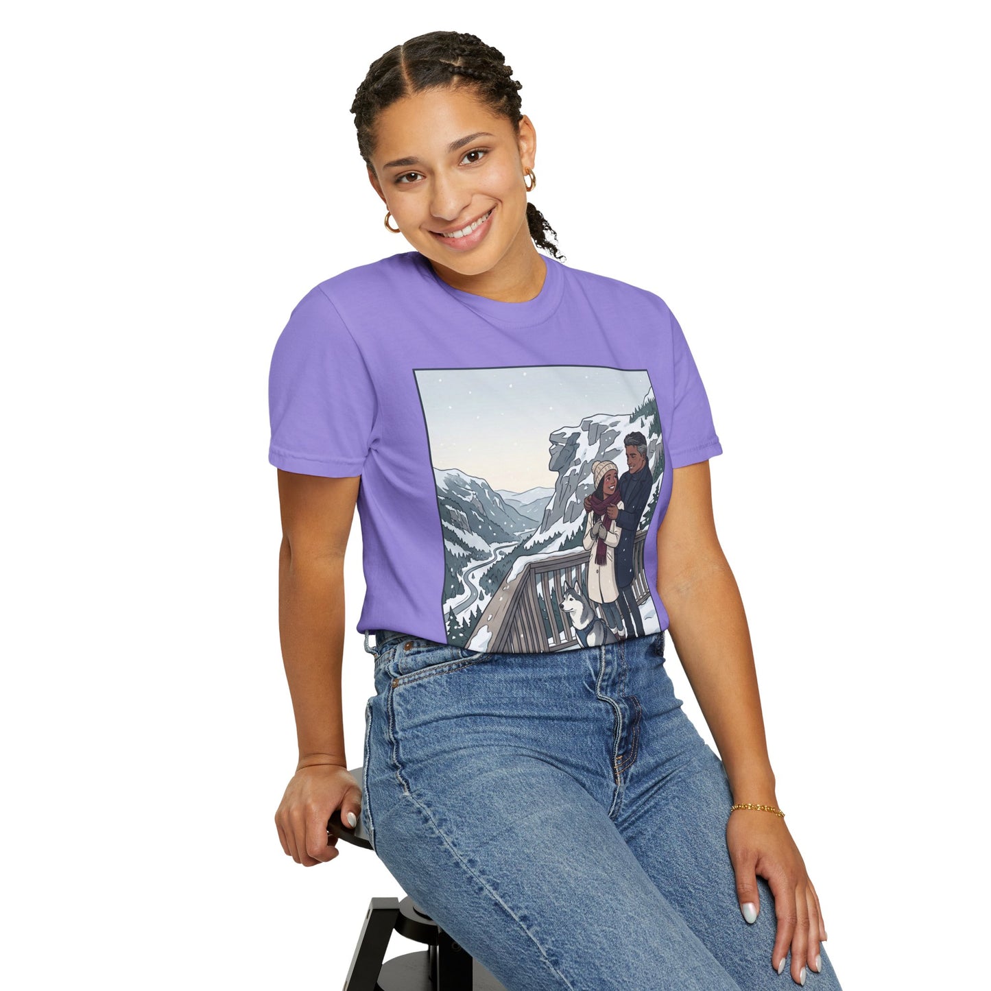 Franconia Notch NH Winter View T-Shirt — Scenic Couple & Husky Travel Tee