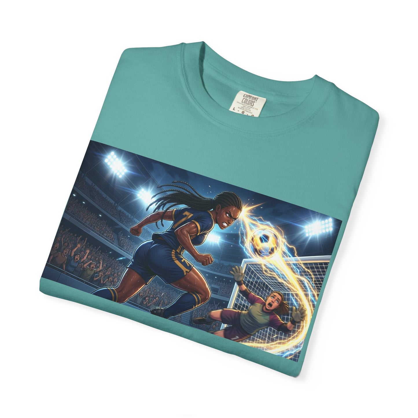 Soccer Duel Graphic T-Shirt — Futuristic Goalkeeper vs Striker Stadium Print