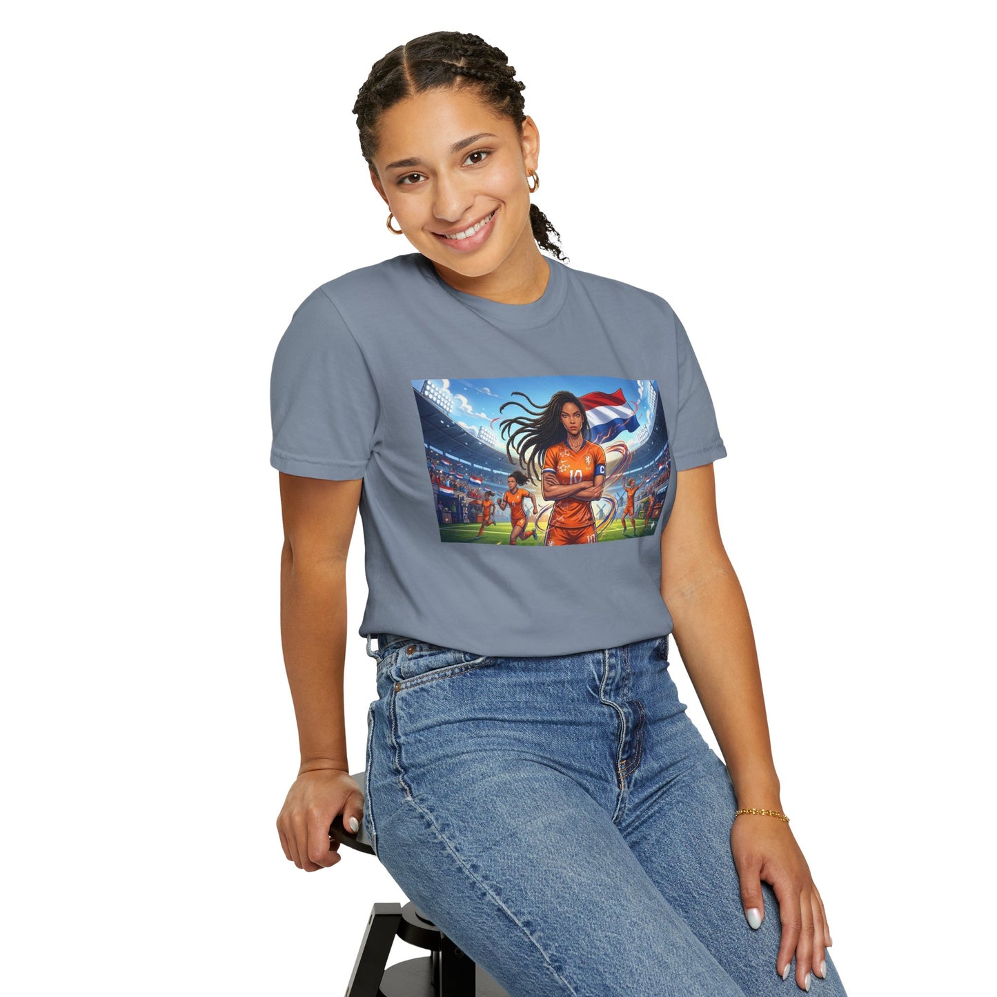 Soccer Warrior T-Shirt — Netherlands Female Captain with Flag Stadium Graphic