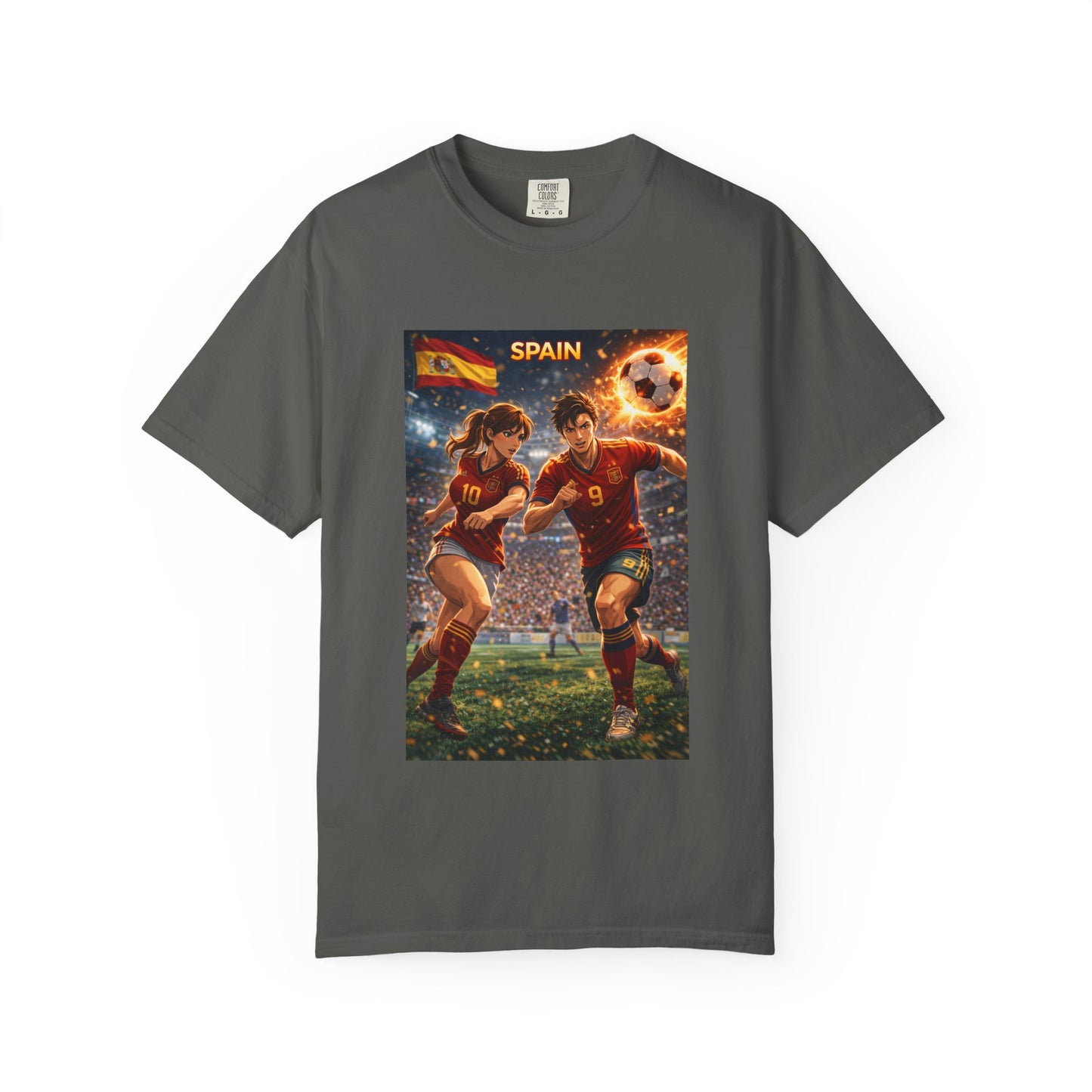 Spain Soccer Graphic T-Shirt — Retro Match Scene with Flag