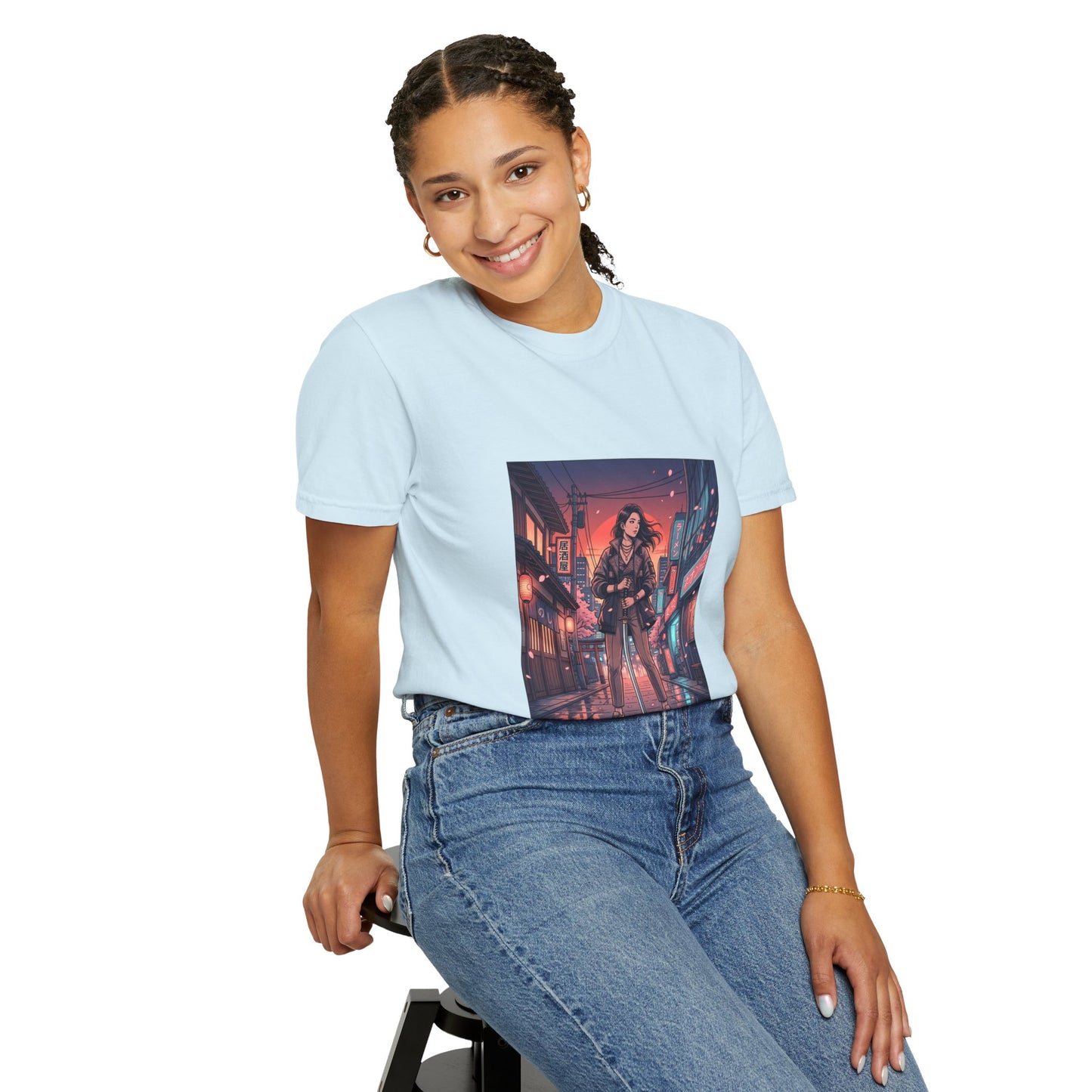 Cyberpunk Night Streets T‑Shirt — Neon Samurai Girl Graphic Tee