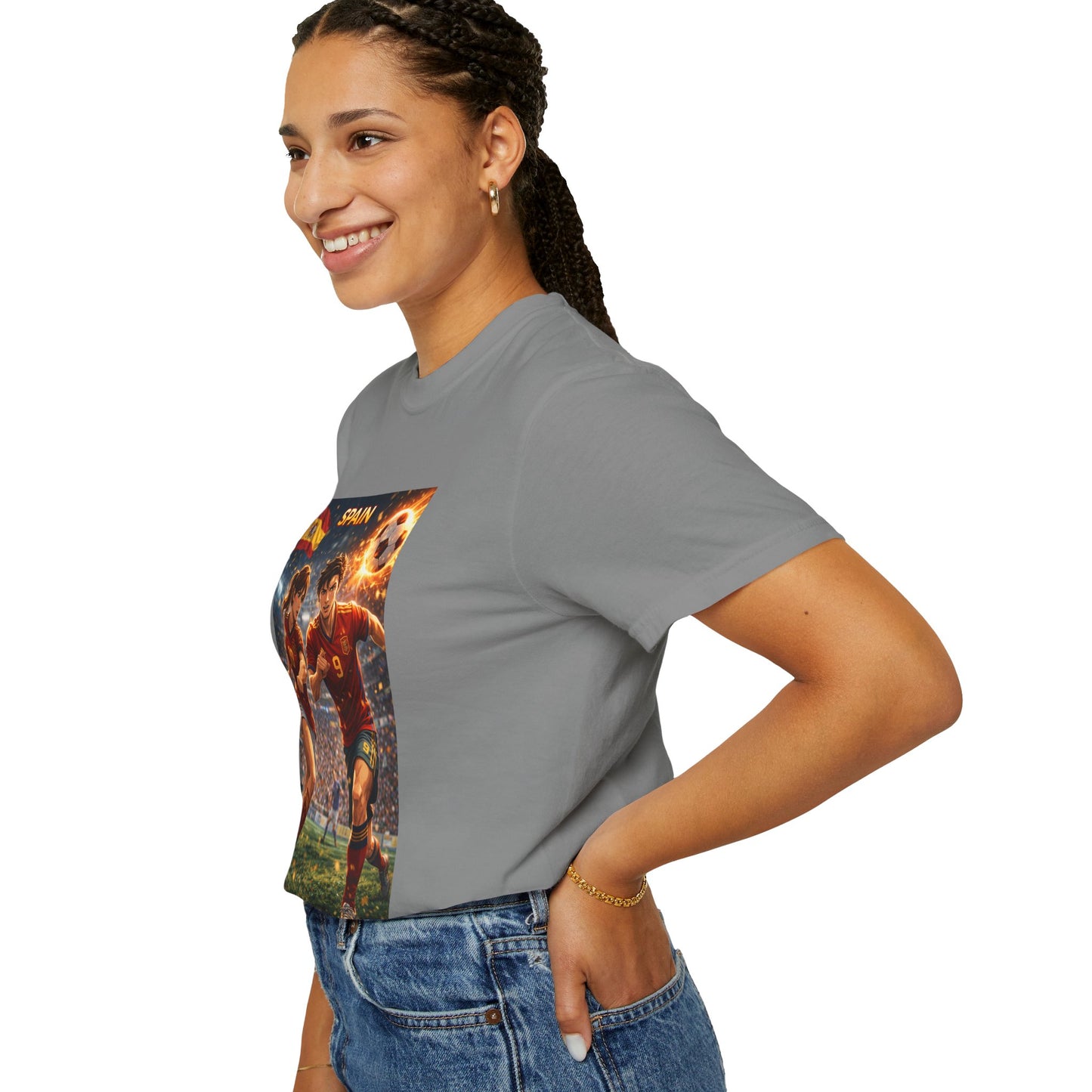 Spain Soccer Graphic T-Shirt — Retro Match Scene with Flag