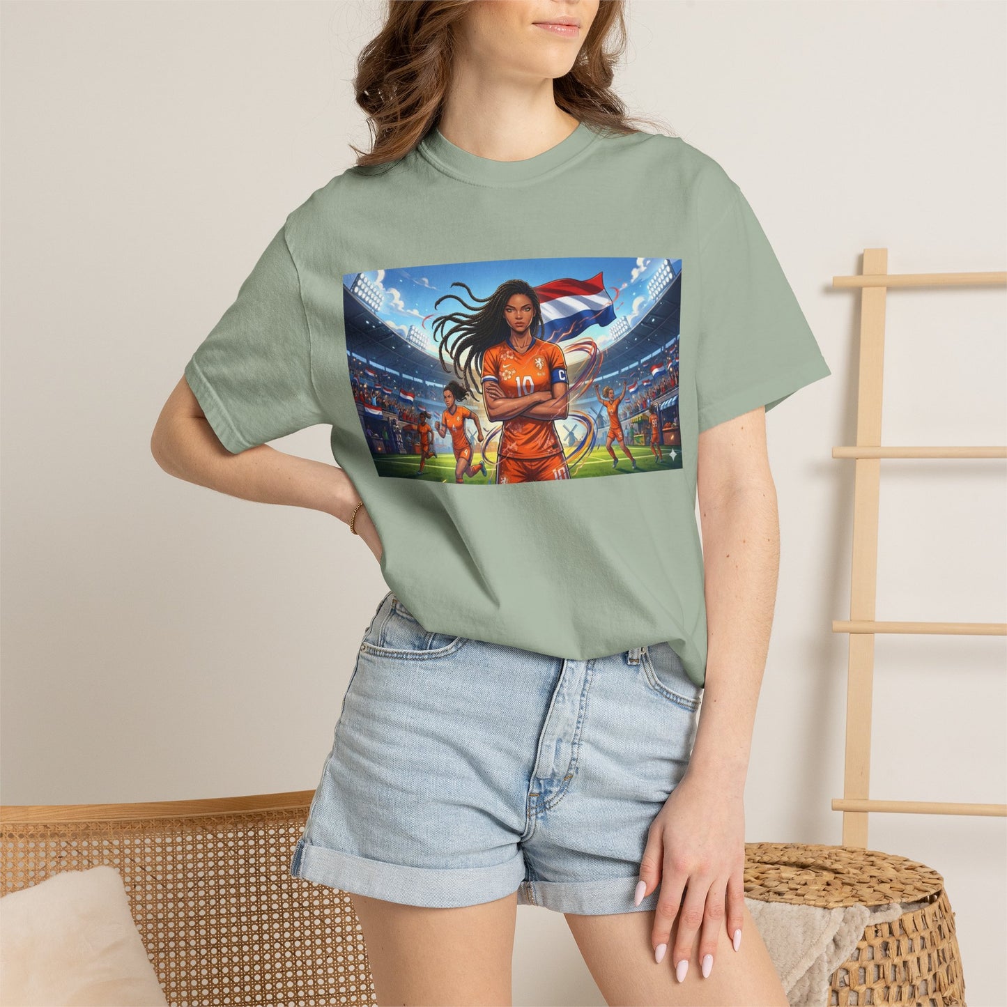 Soccer Warrior T-Shirt — Netherlands Female Captain with Flag Stadium Graphic