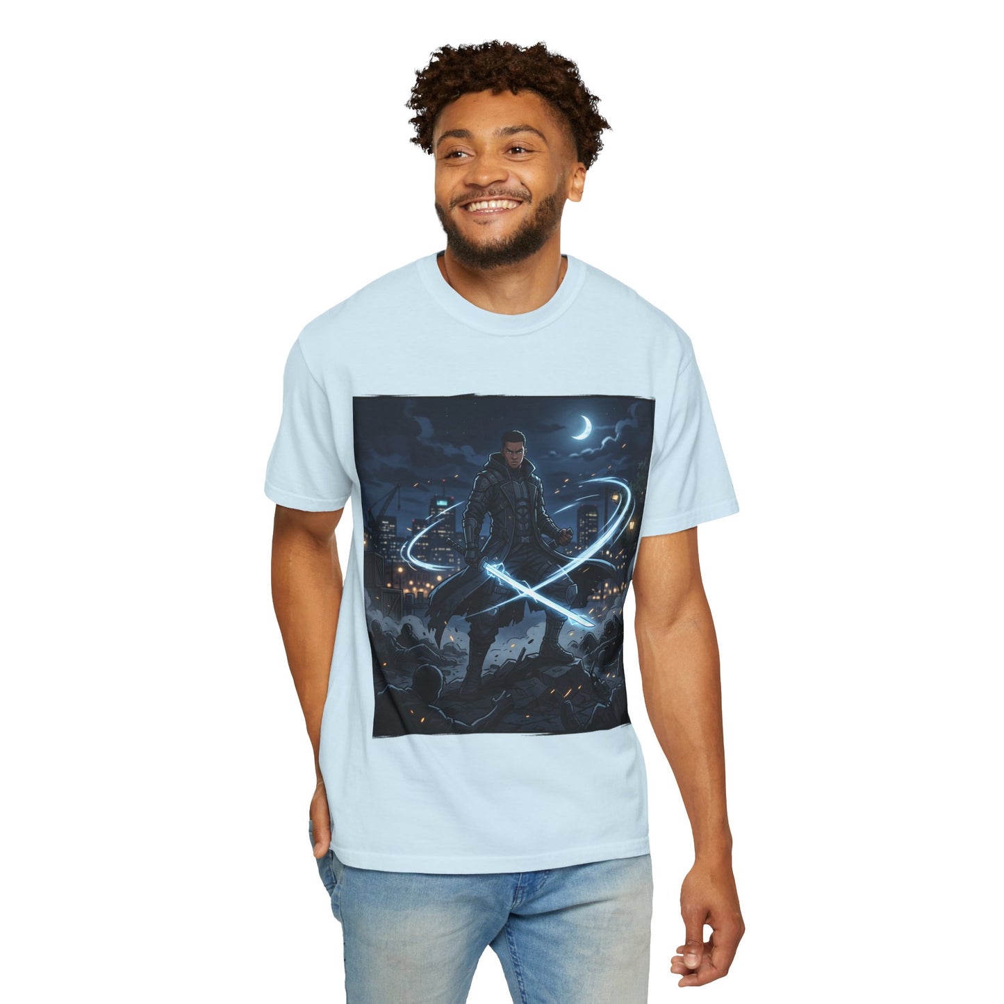 Urban Night Warrior T-Shirt — Neon Samurai Cityscape