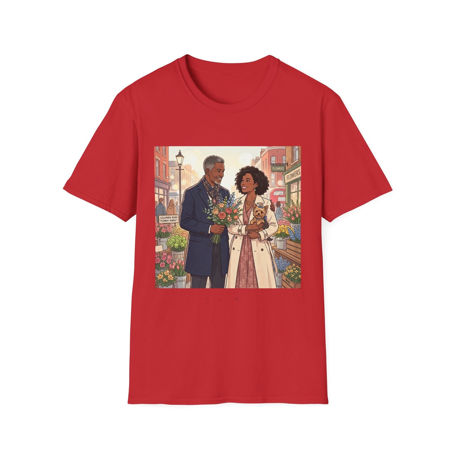 Romantic City Stroll T-Shirt — Couple Bouquet Illustration